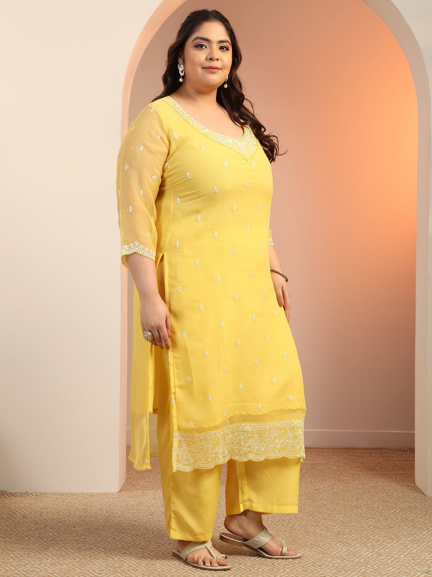 Plus Size Yellow Embroidered Chiffon Straight Suit Set With Dupatta
