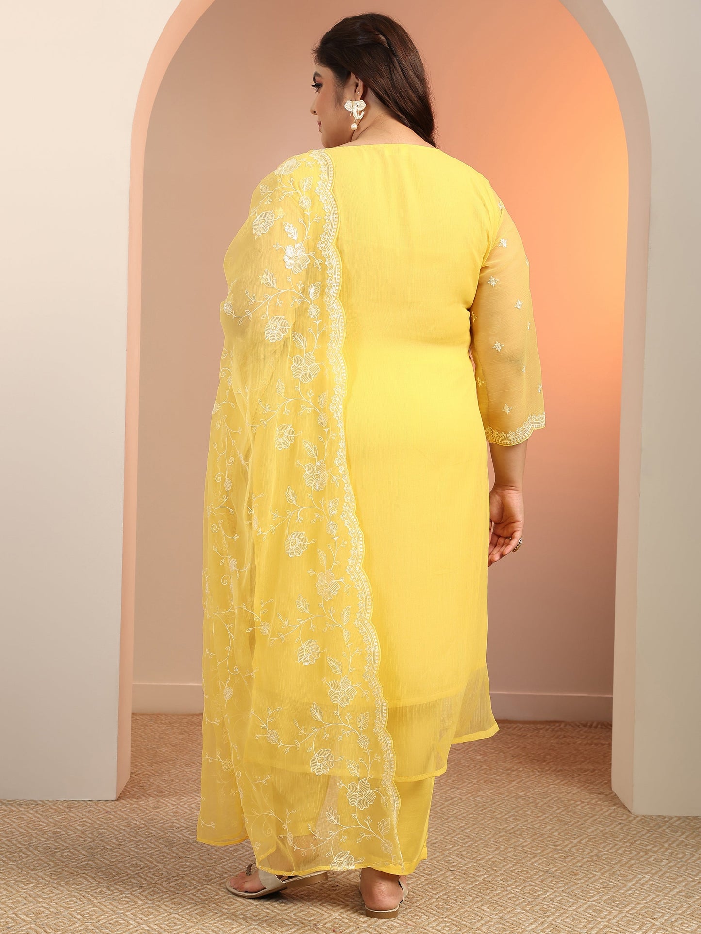 Plus Size Yellow Embroidered Chiffon Straight Suit Set With Dupatta