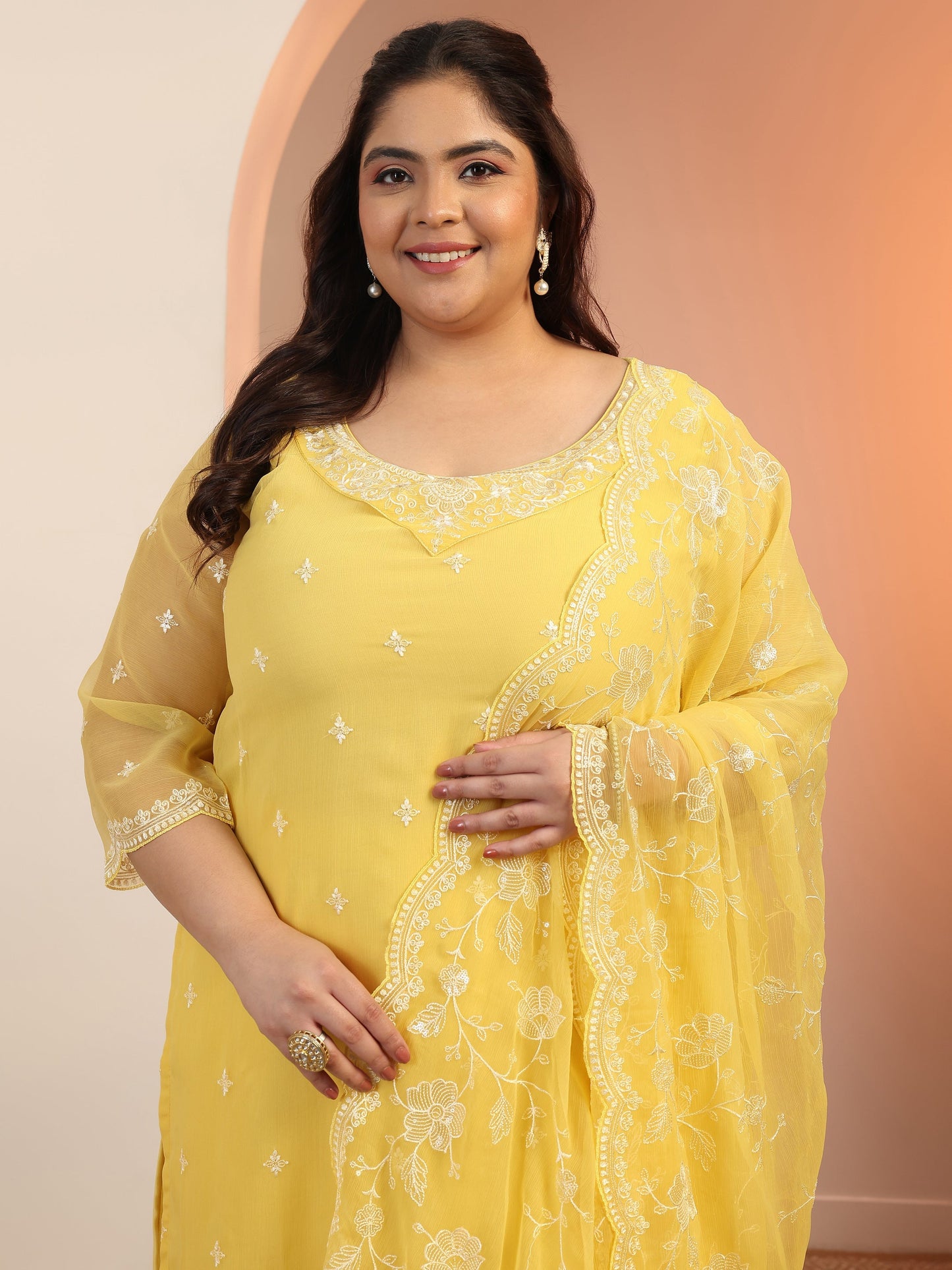 Plus Size Yellow Embroidered Chiffon Straight Suit Set With Dupatta