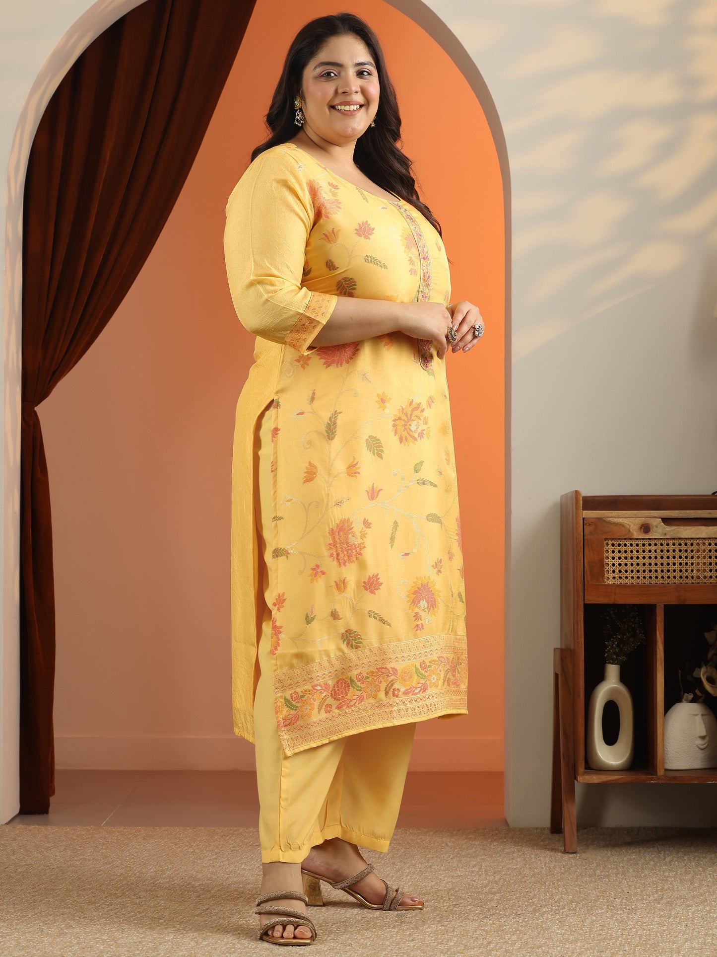 Plus Size Yellow Woven Design Silk blend Straight Suit Set With Dupatta