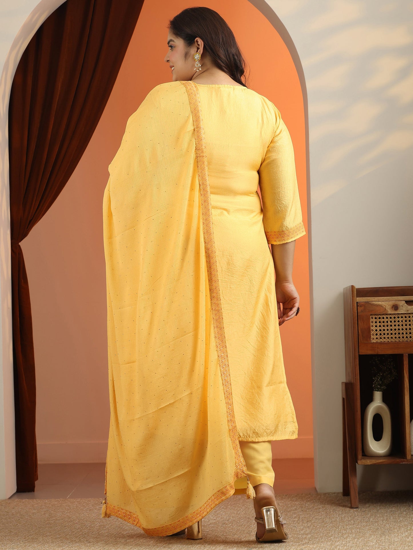 Plus Size Yellow Woven Design Silk blend Straight Suit Set With Dupatta