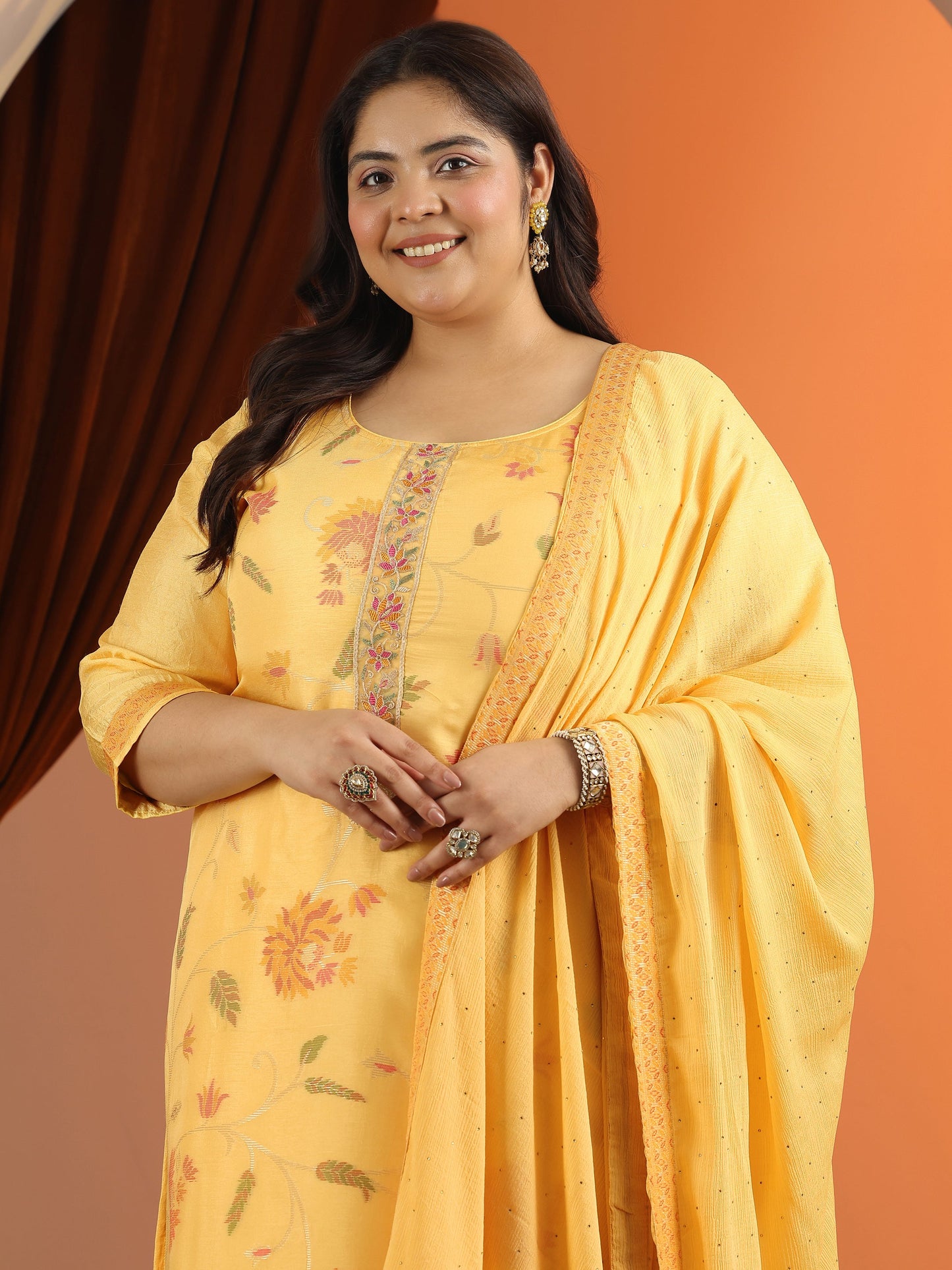 Plus Size Yellow Woven Design Silk blend Straight Suit Set With Dupatta