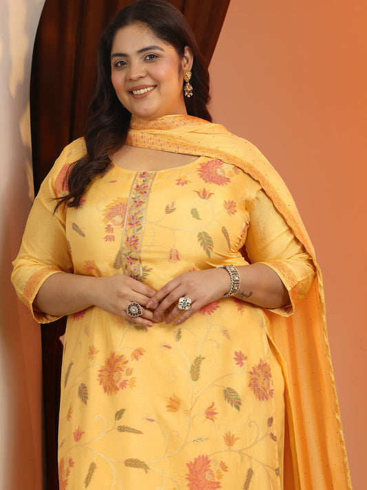 Plus Size Yellow Woven Design Silk blend Straight Suit Set With Dupatta