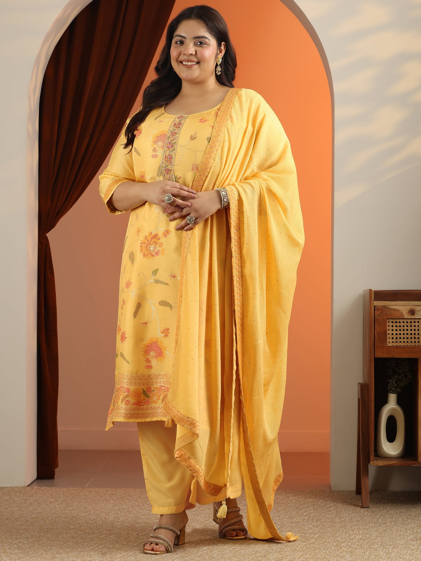 Plus Size Yellow Woven Design Silk blend Straight Suit Set With Dupatta