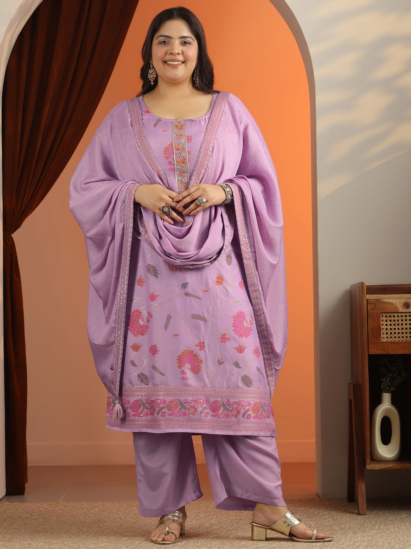 Plus Size Lavender Woven Design Silk blend Straight Suit Set With Dupatta