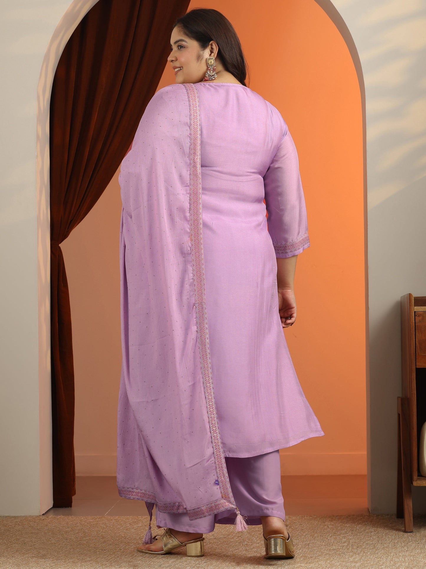 Plus Size Lavender Woven Design Silk blend Straight Suit Set With Dupatta
