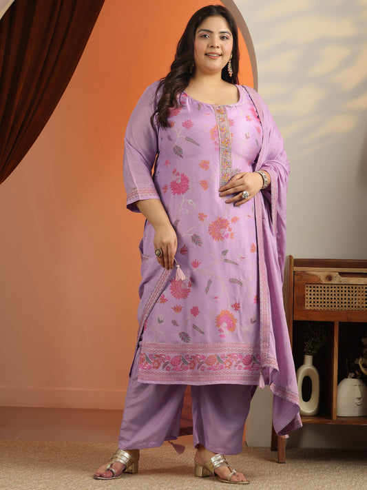 Plus Size Lavender Woven Design Silk blend Straight Suit Set With Dupatta