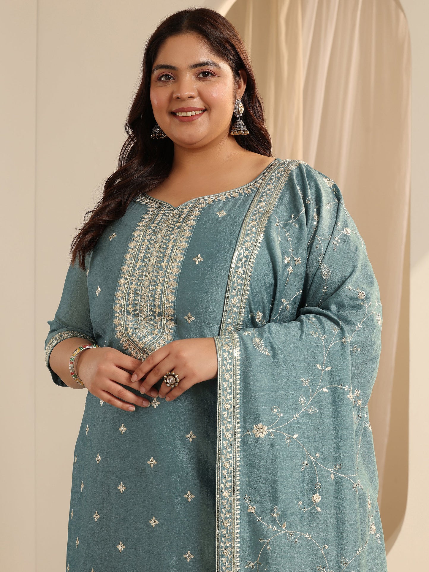 Plus Size Blue Embroidered Silk blend Straight Suit Set With Dupatta
