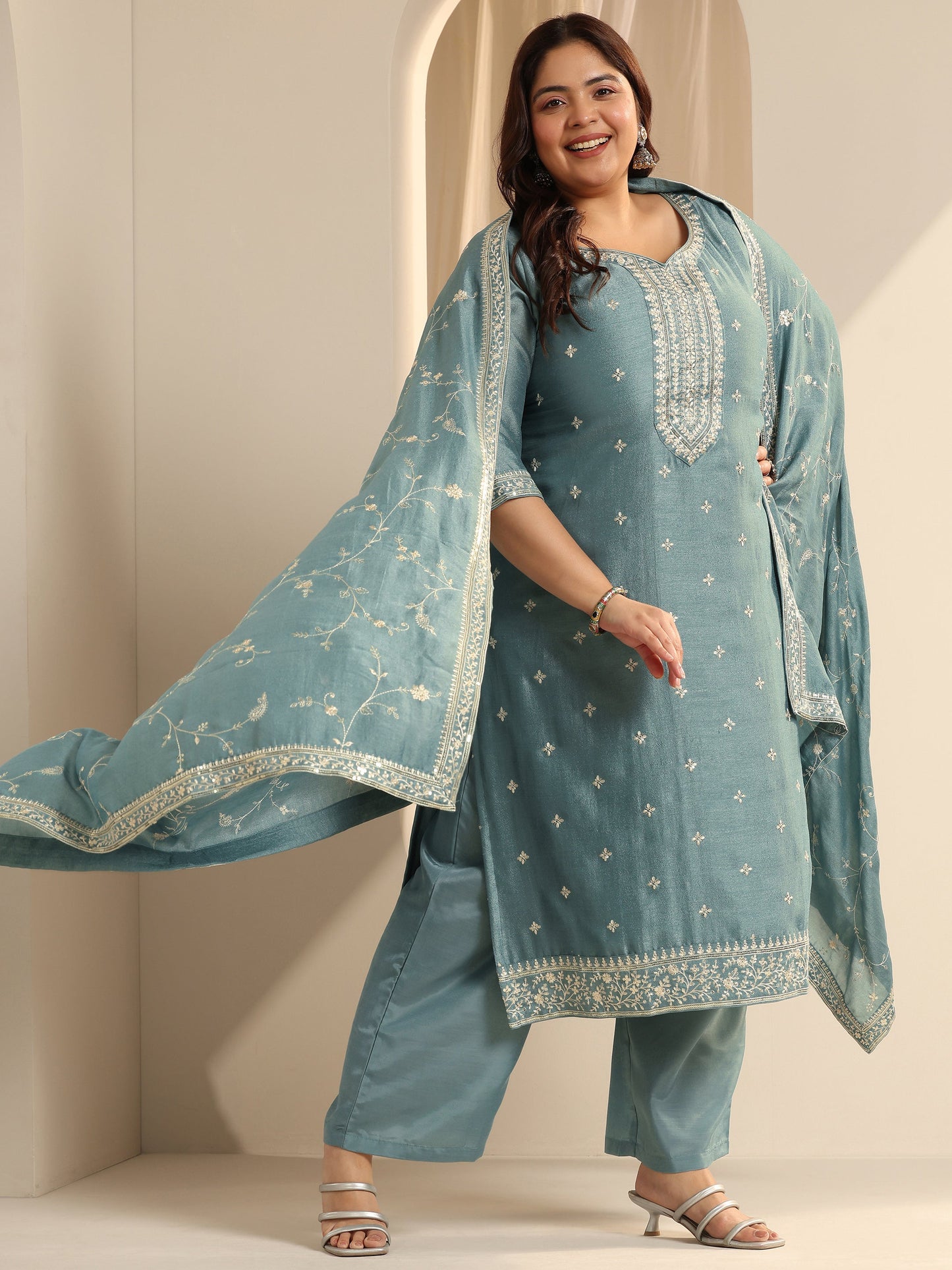 Plus Size Blue Embroidered Silk blend Straight Suit Set With Dupatta