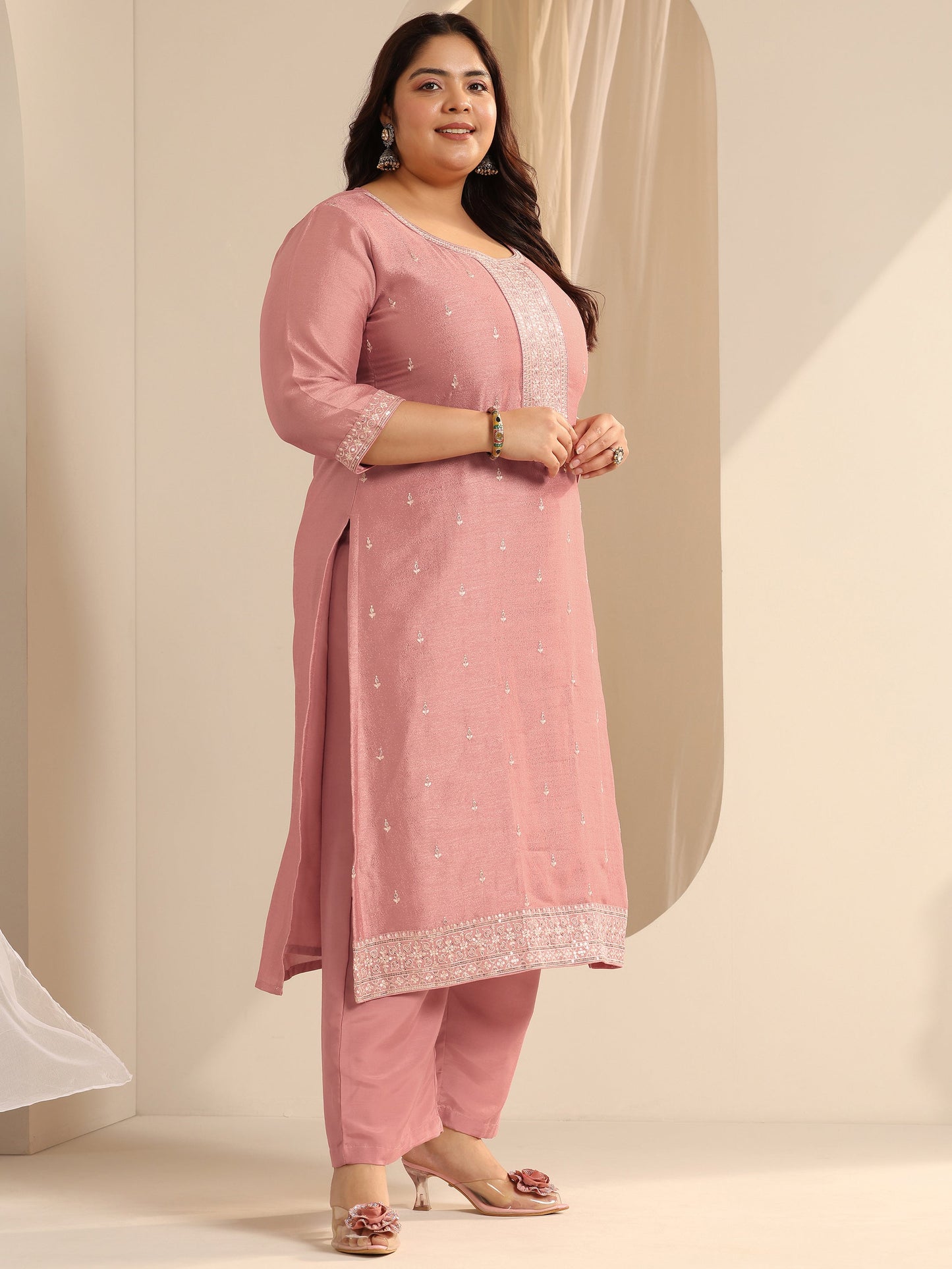 Plus Size Peach Embroidered Silk blend Straight Suit Set With Dupatta