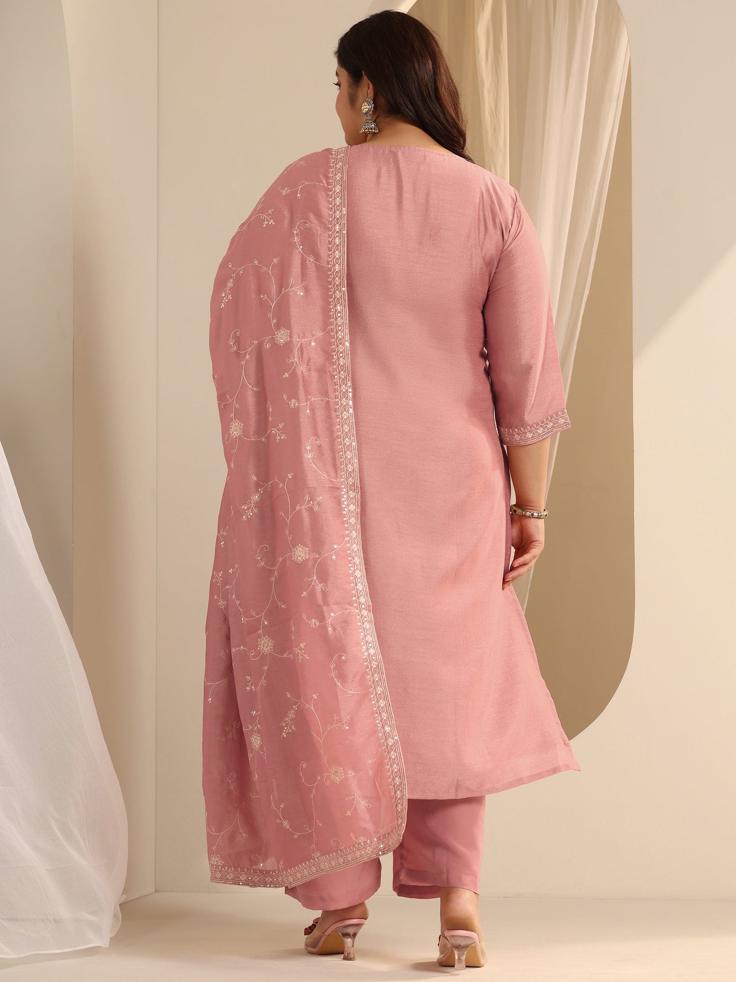 Plus Size Peach Embroidered Silk blend Straight Suit Set With Dupatta