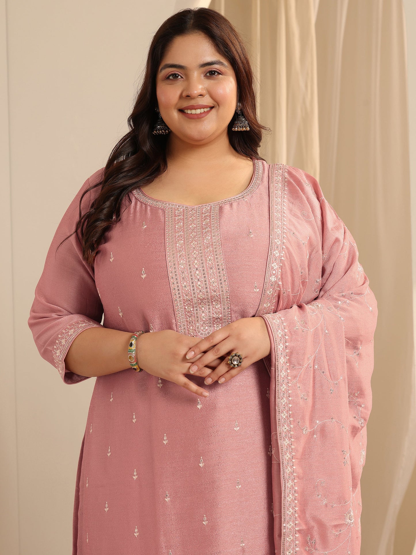 Plus Size Peach Embroidered Silk blend Straight Suit Set With Dupatta