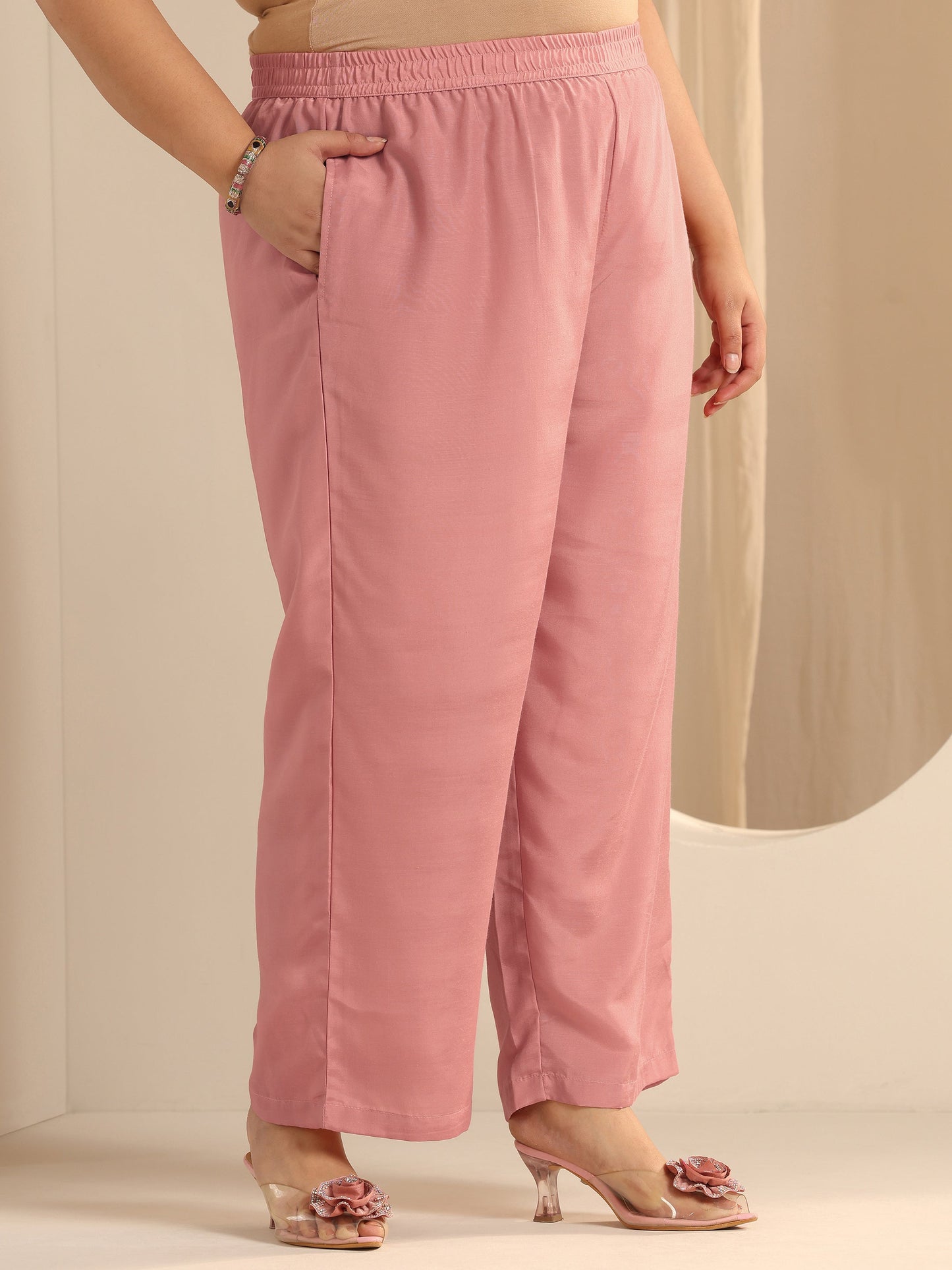 Plus Size Peach Embroidered Silk blend Straight Suit Set With Dupatta