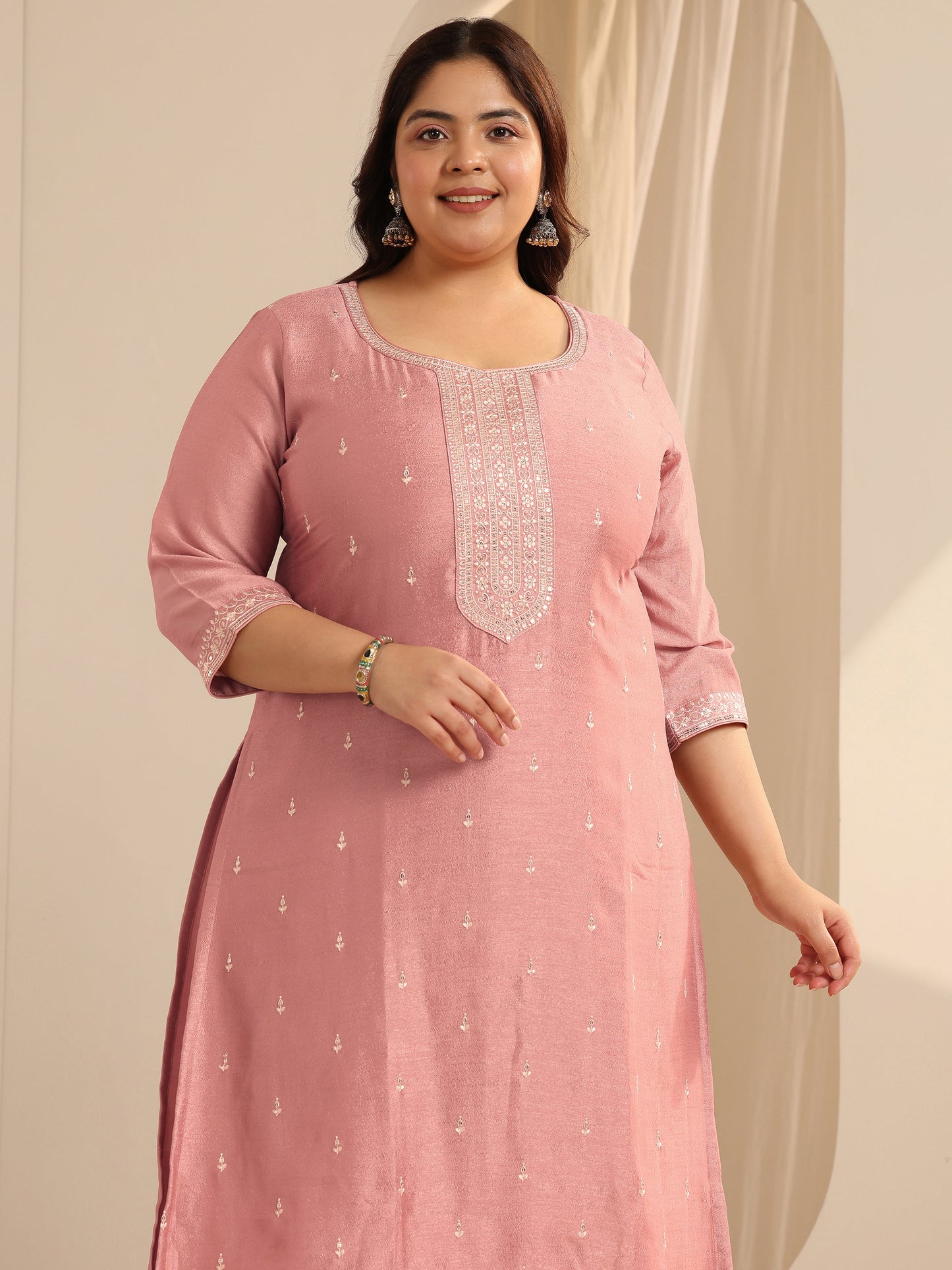 Plus Size Peach Embroidered Silk blend Straight Suit Set With Dupatta