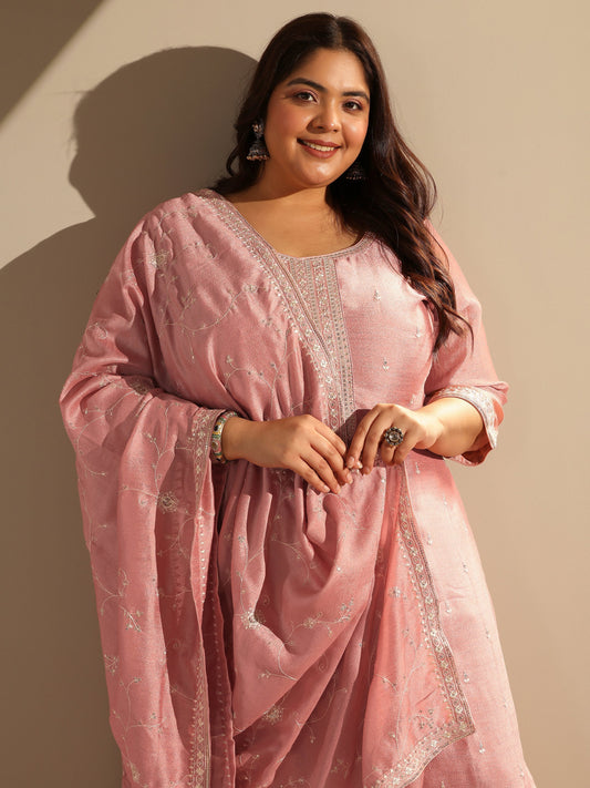 Plus Size Peach Embroidered Silk blend Straight Suit Set With Dupatta