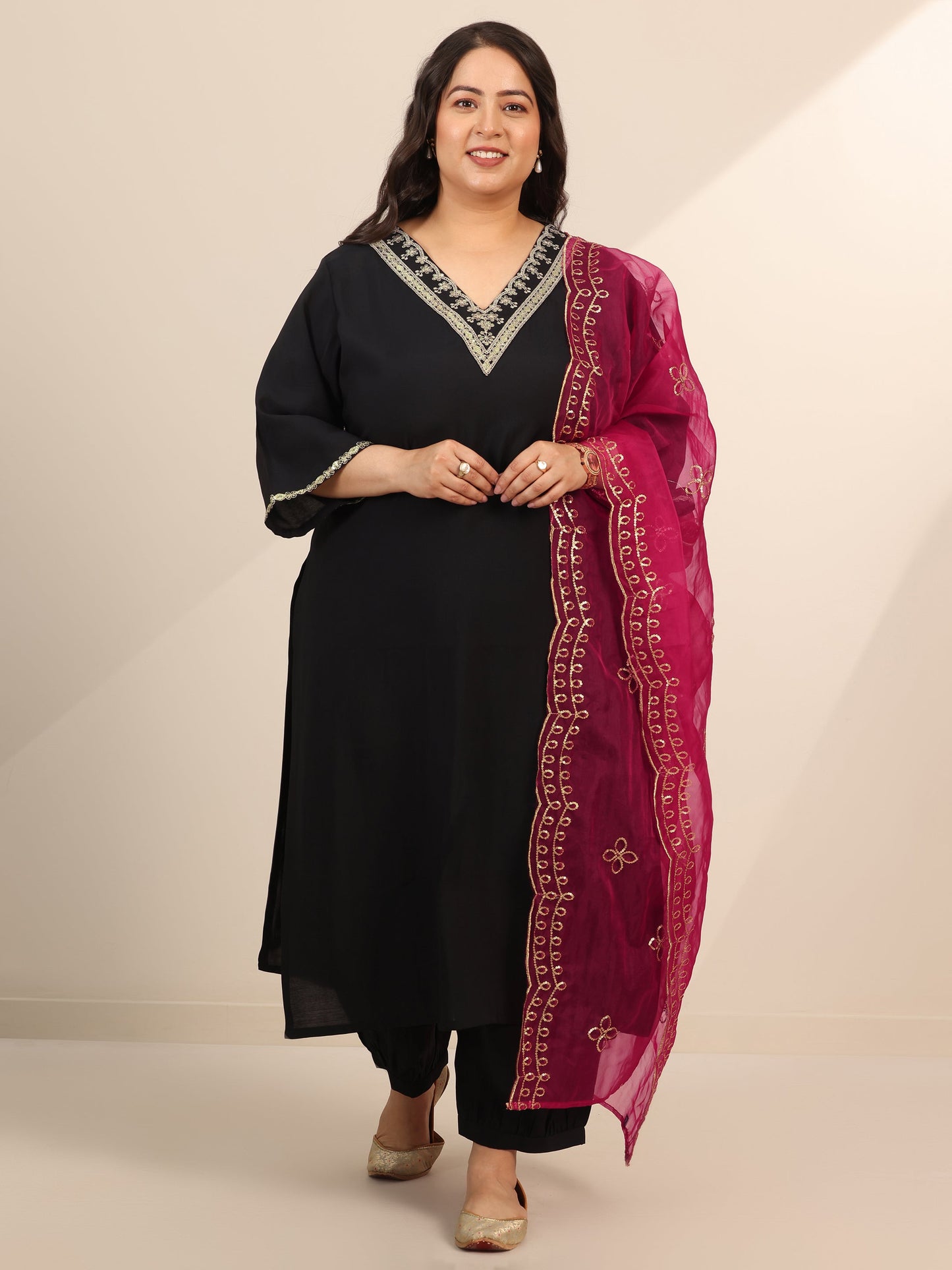 Plus Size Black Yoke Design Silk Blend Straight Suit Set With Dupatta