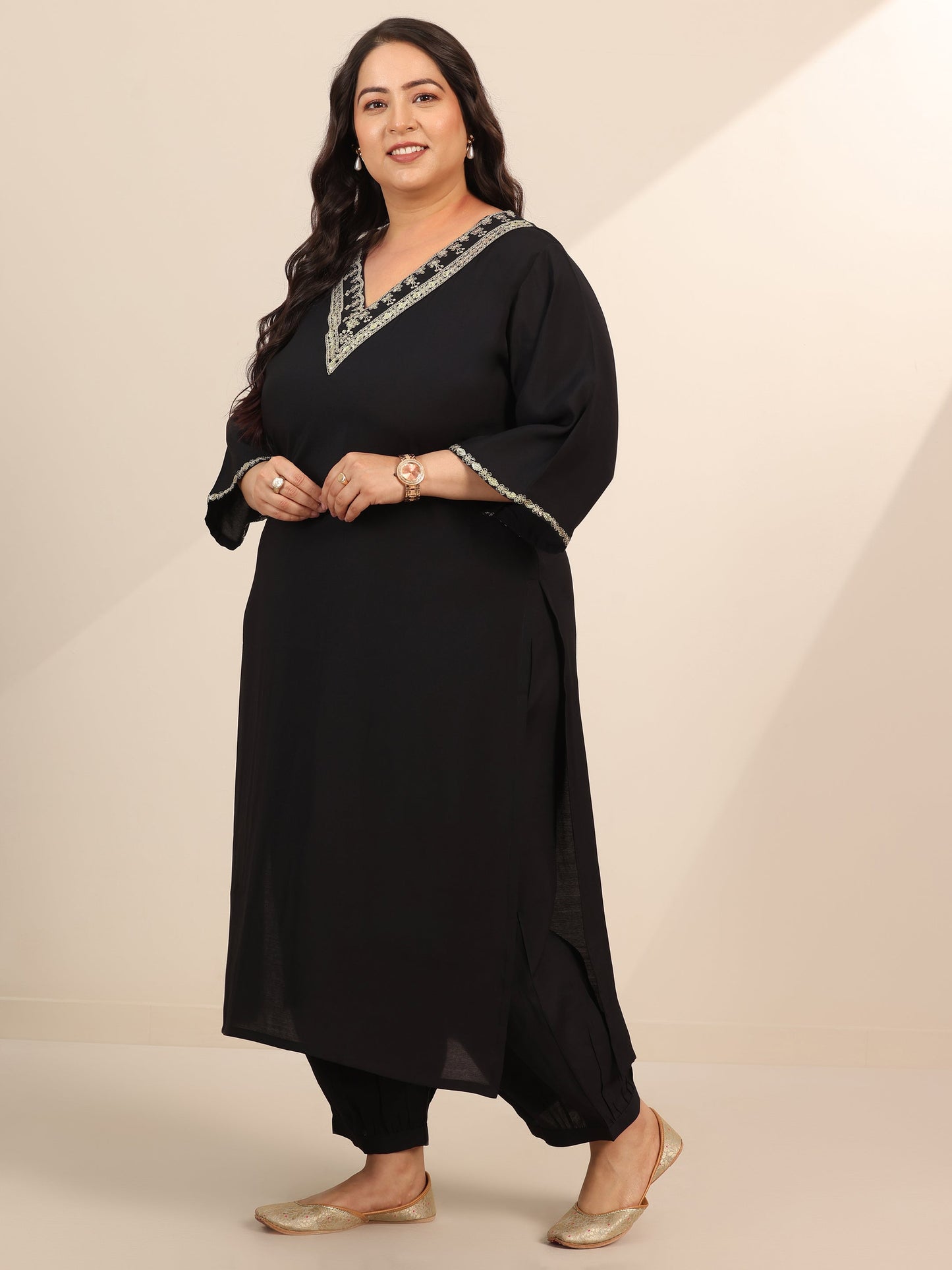 Plus Size Black Yoke Design Silk Blend Straight Suit Set With Dupatta