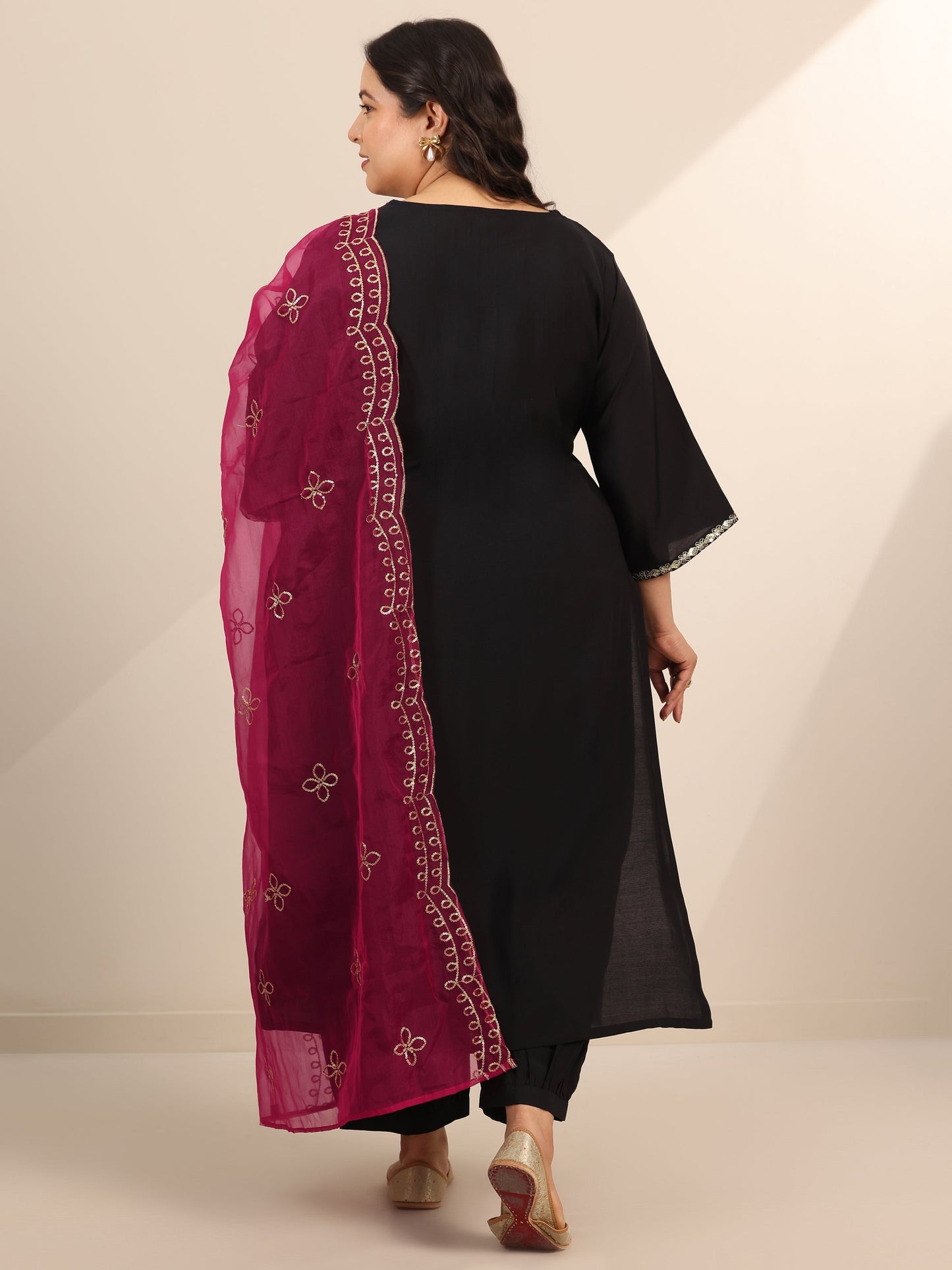 Plus Size Black Yoke Design Silk Blend Straight Suit Set With Dupatta