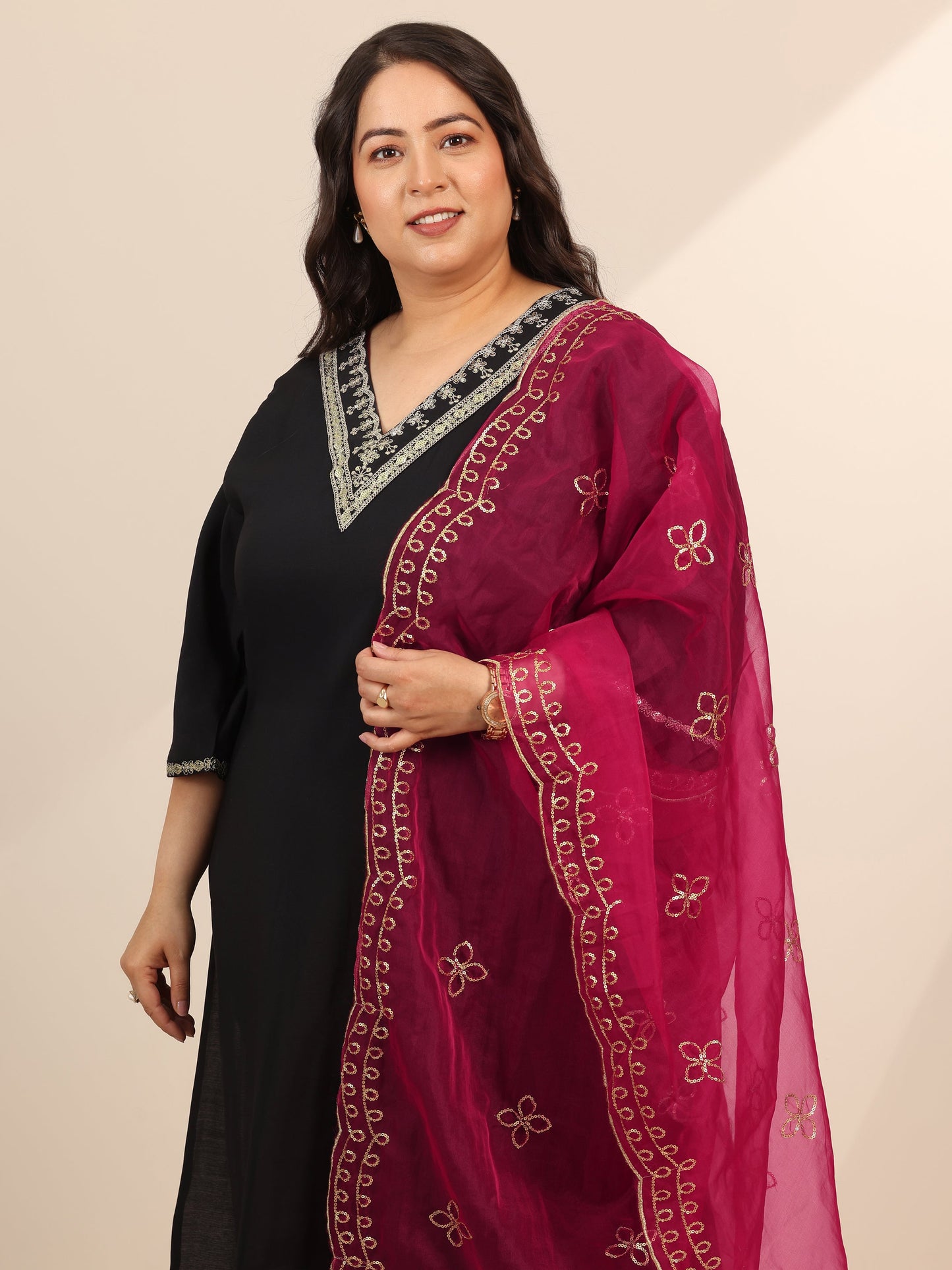 Plus Size Black Yoke Design Silk Blend Straight Suit Set With Dupatta