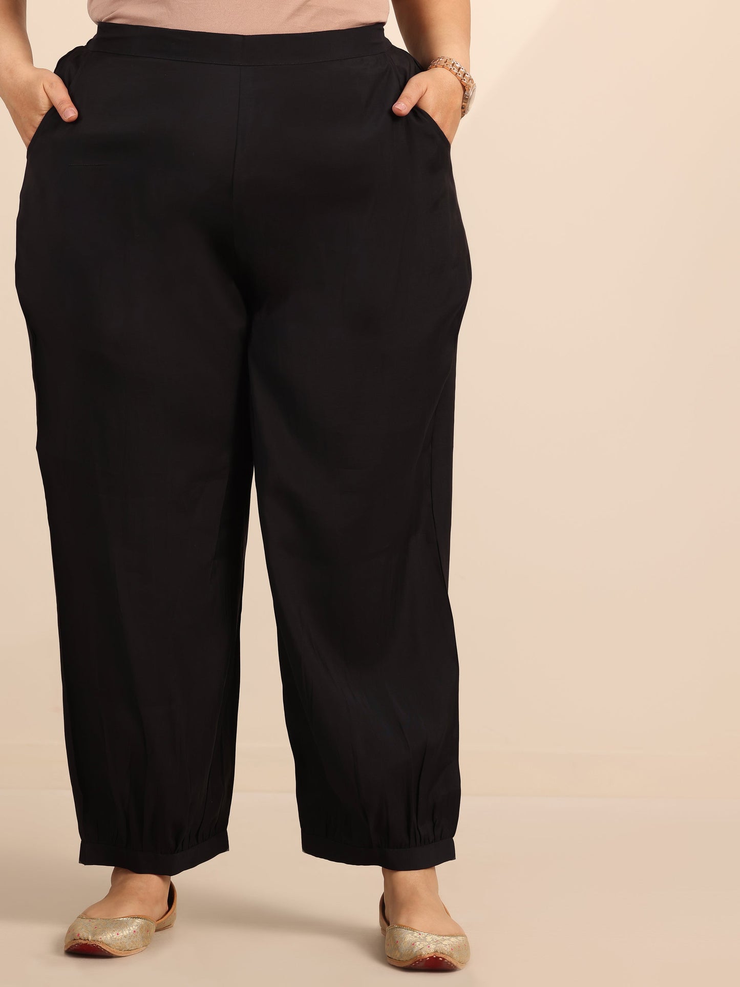 Plus Size Black Yoke Design Silk Blend Straight Suit Set With Dupatta