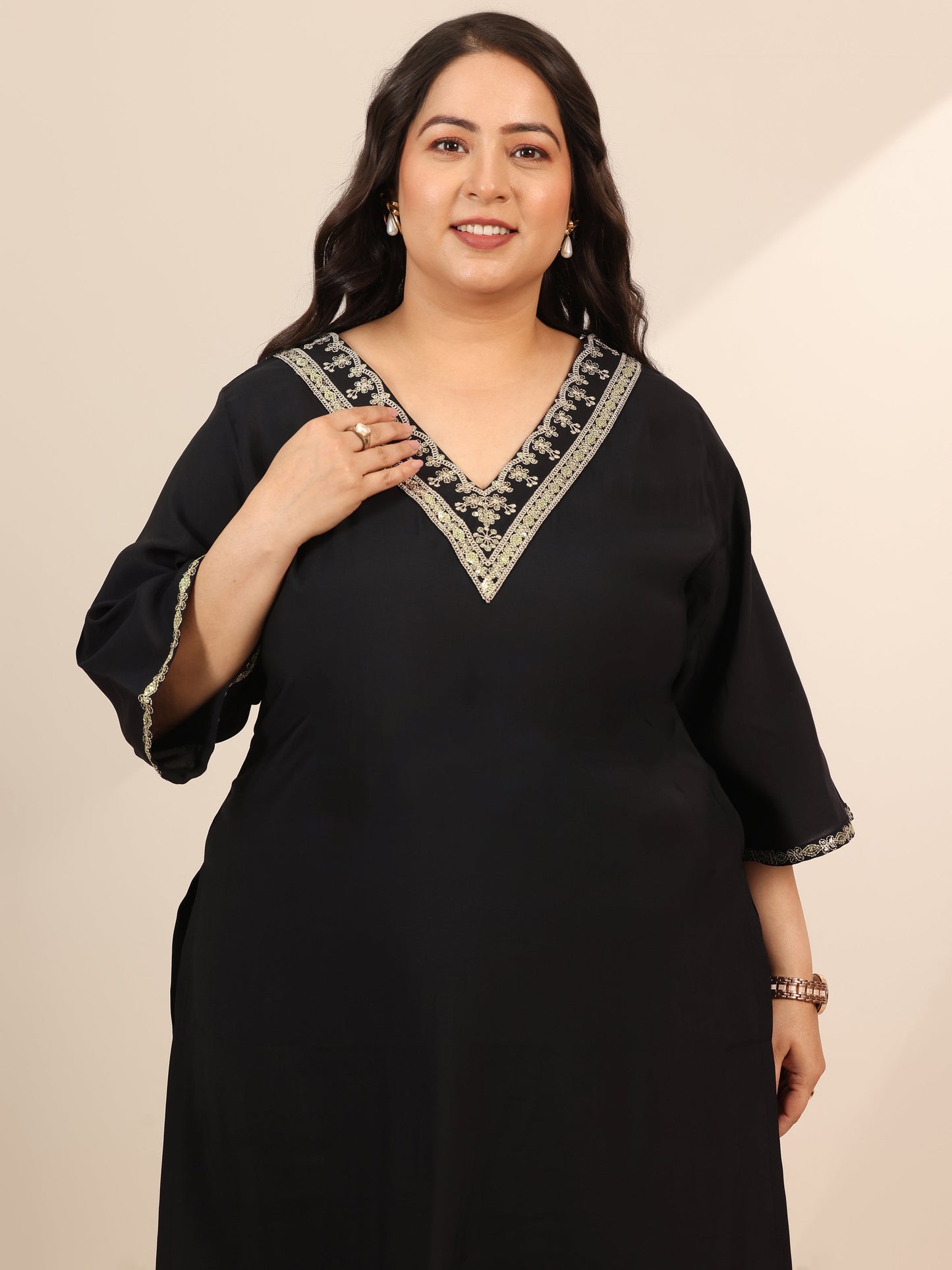 Plus Size Black Yoke Design Silk Blend Straight Suit Set With Dupatta
