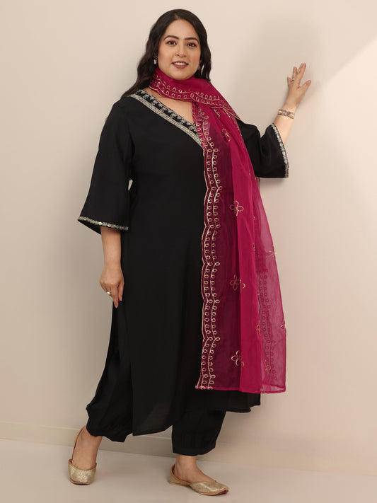 Plus Size Black Yoke Design Silk Blend Straight Suit Set With Dupatta