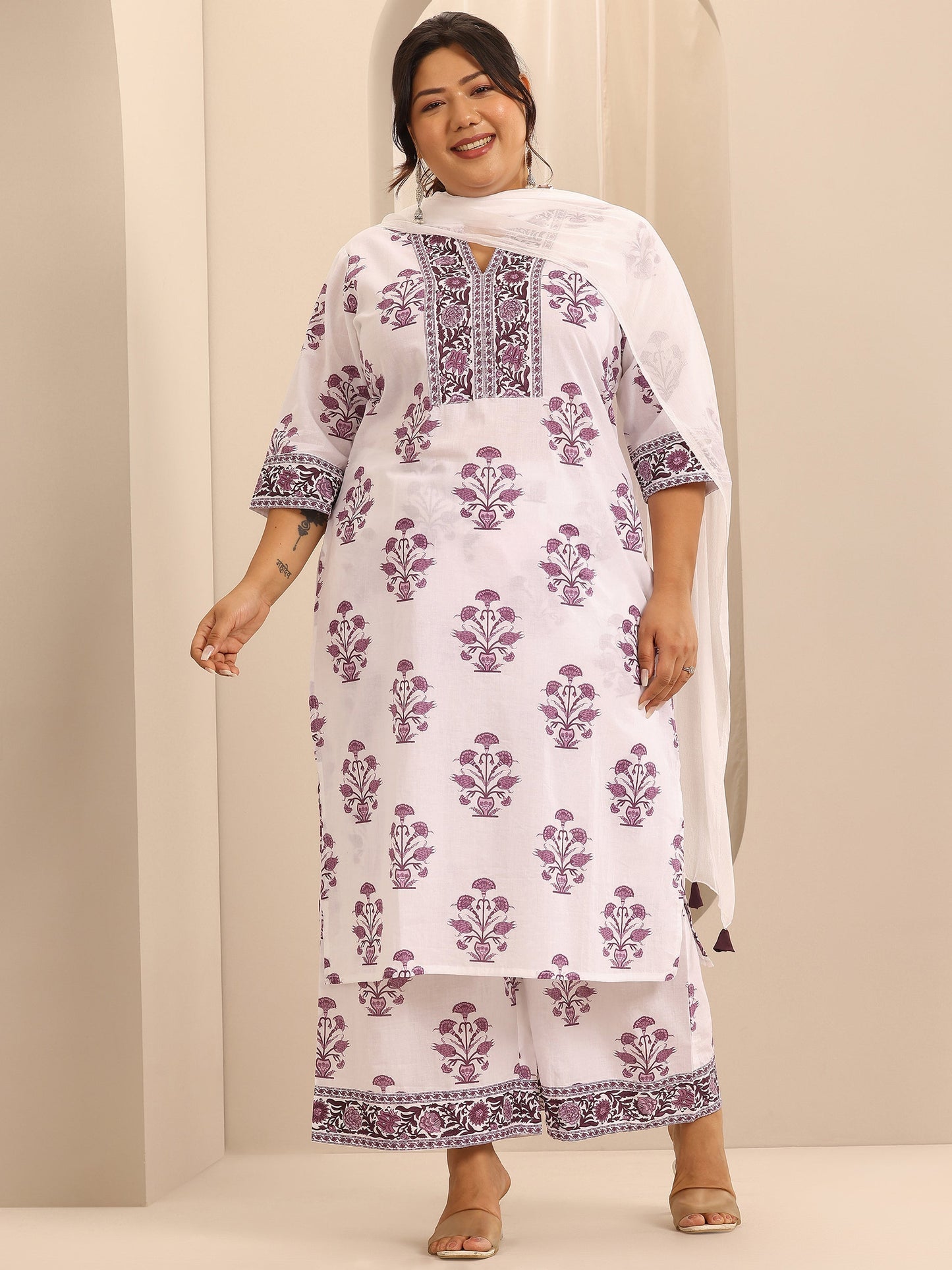 Plus Size White Printed Cotton Straight Suit Set With Dupatta