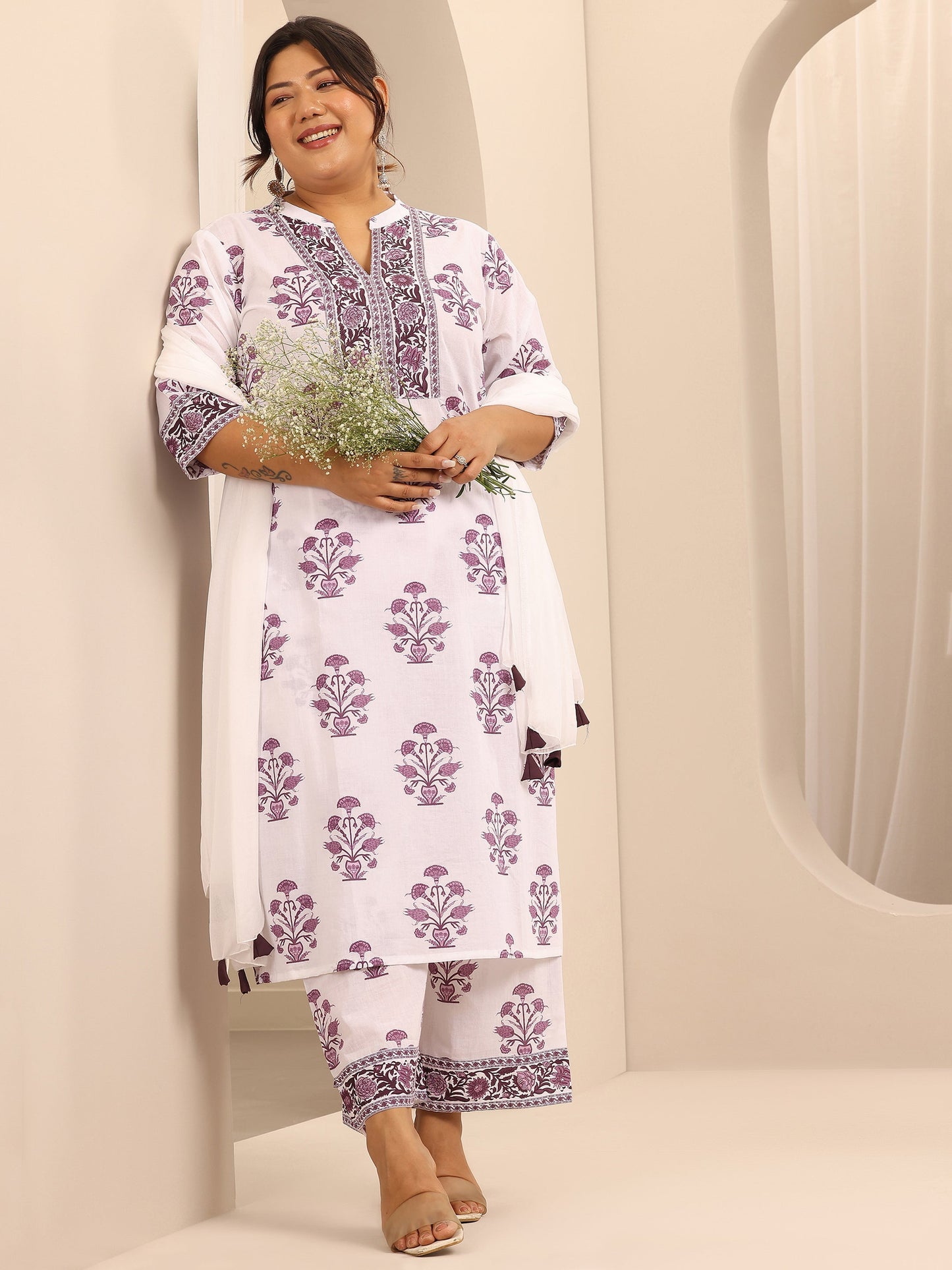 Plus Size White Printed Cotton Straight Suit Set With Dupatta