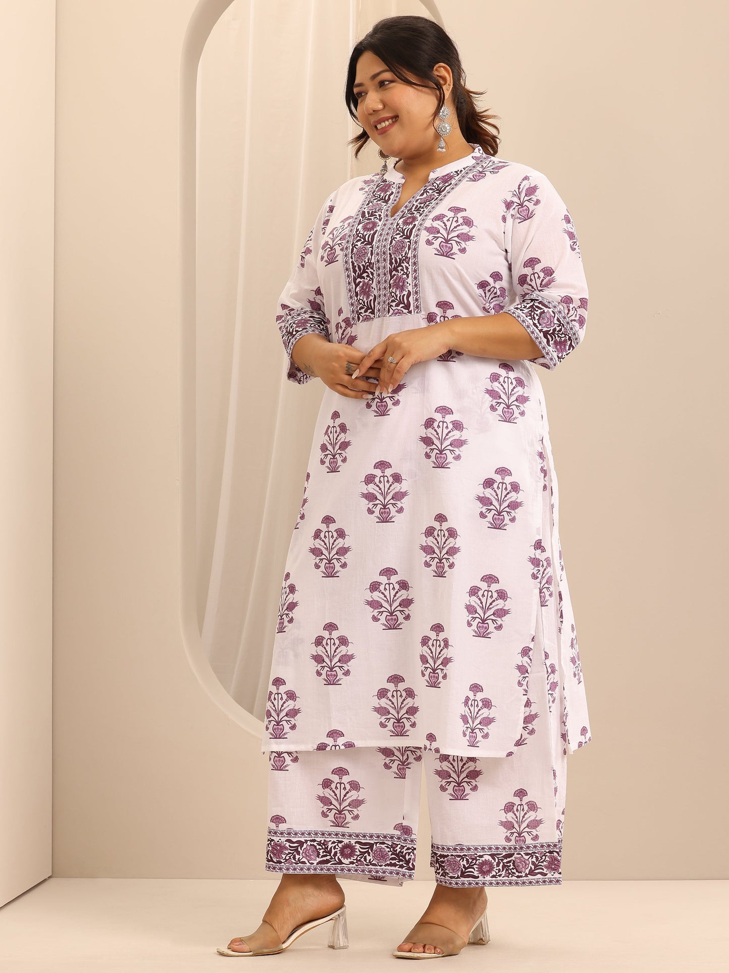 Plus Size White Printed Cotton Straight Suit Set With Dupatta