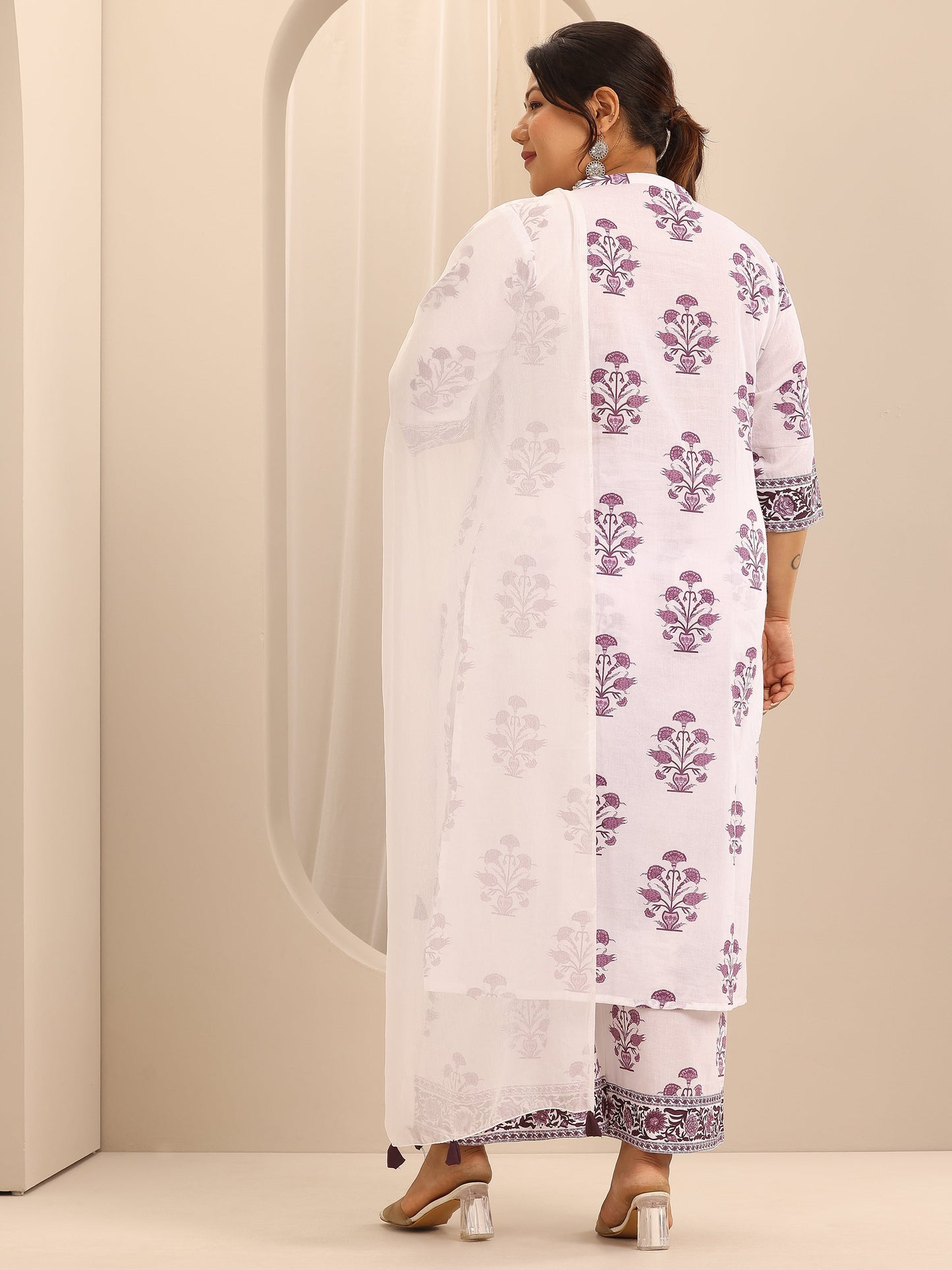 Plus Size White Printed Cotton Straight Suit Set With Dupatta