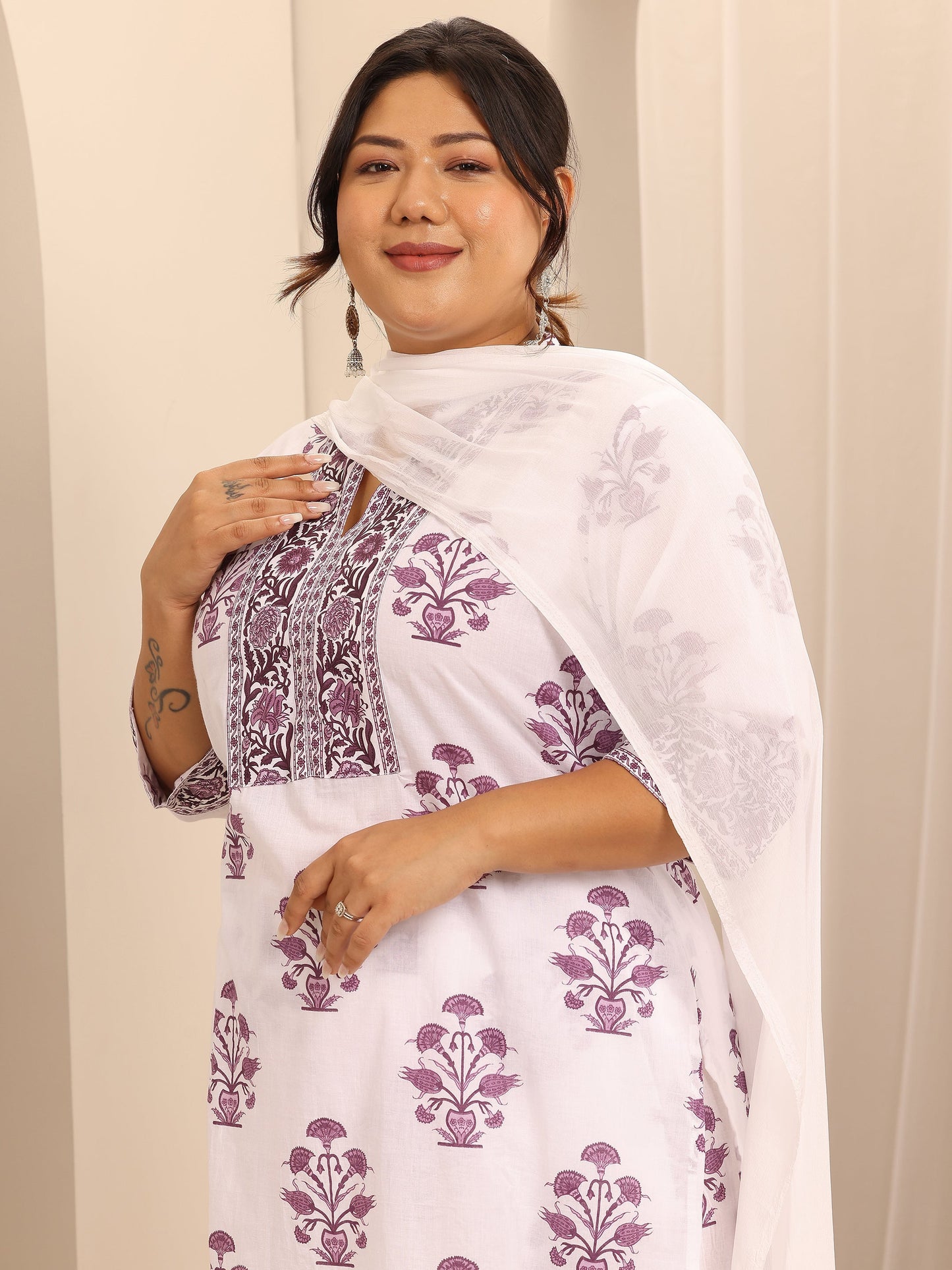 Plus Size White Printed Cotton Straight Suit Set With Dupatta