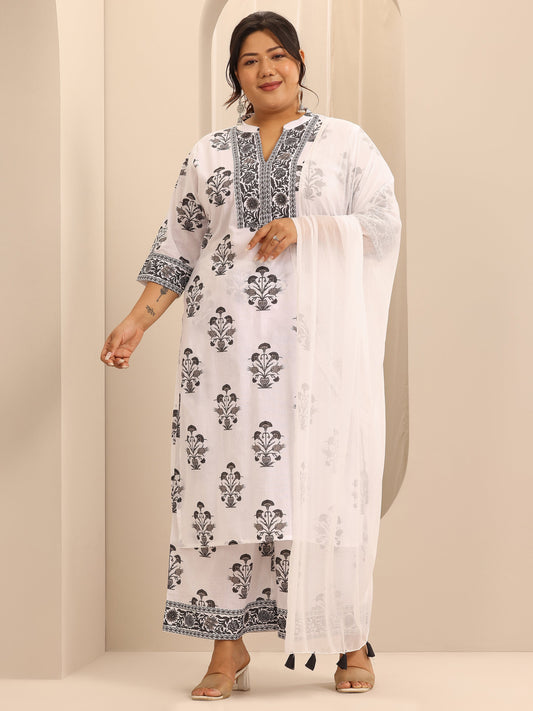 Plus Size White Printed Cotton Straight Suit Set With Dupatta