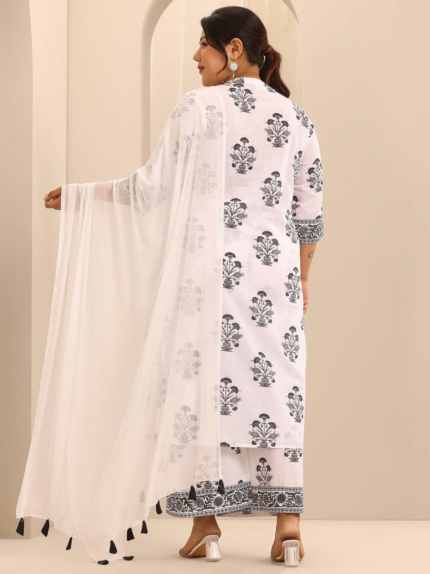 Plus Size White Printed Cotton Straight Suit Set With Dupatta
