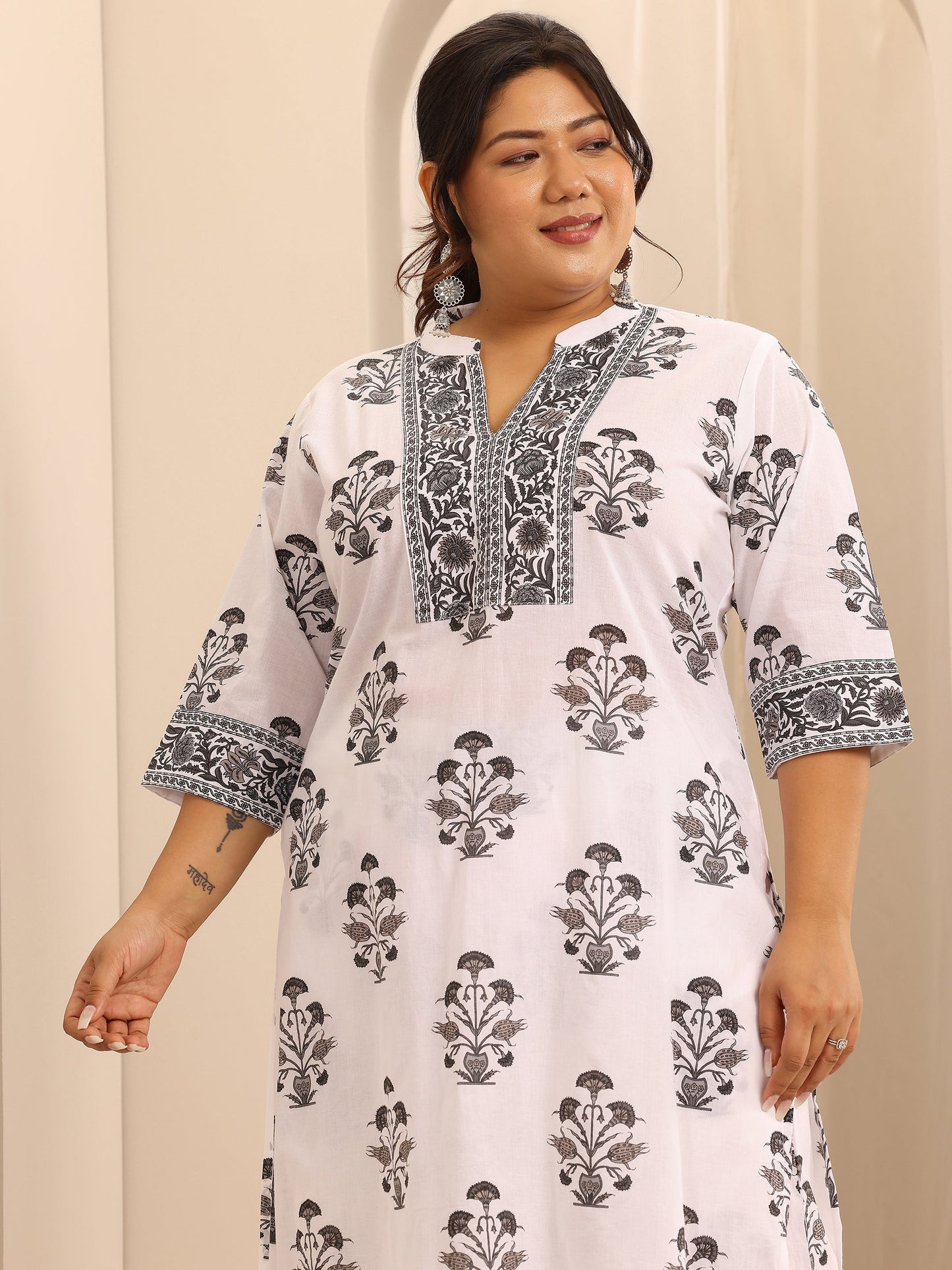 Plus Size White Printed Cotton Straight Suit Set With Dupatta