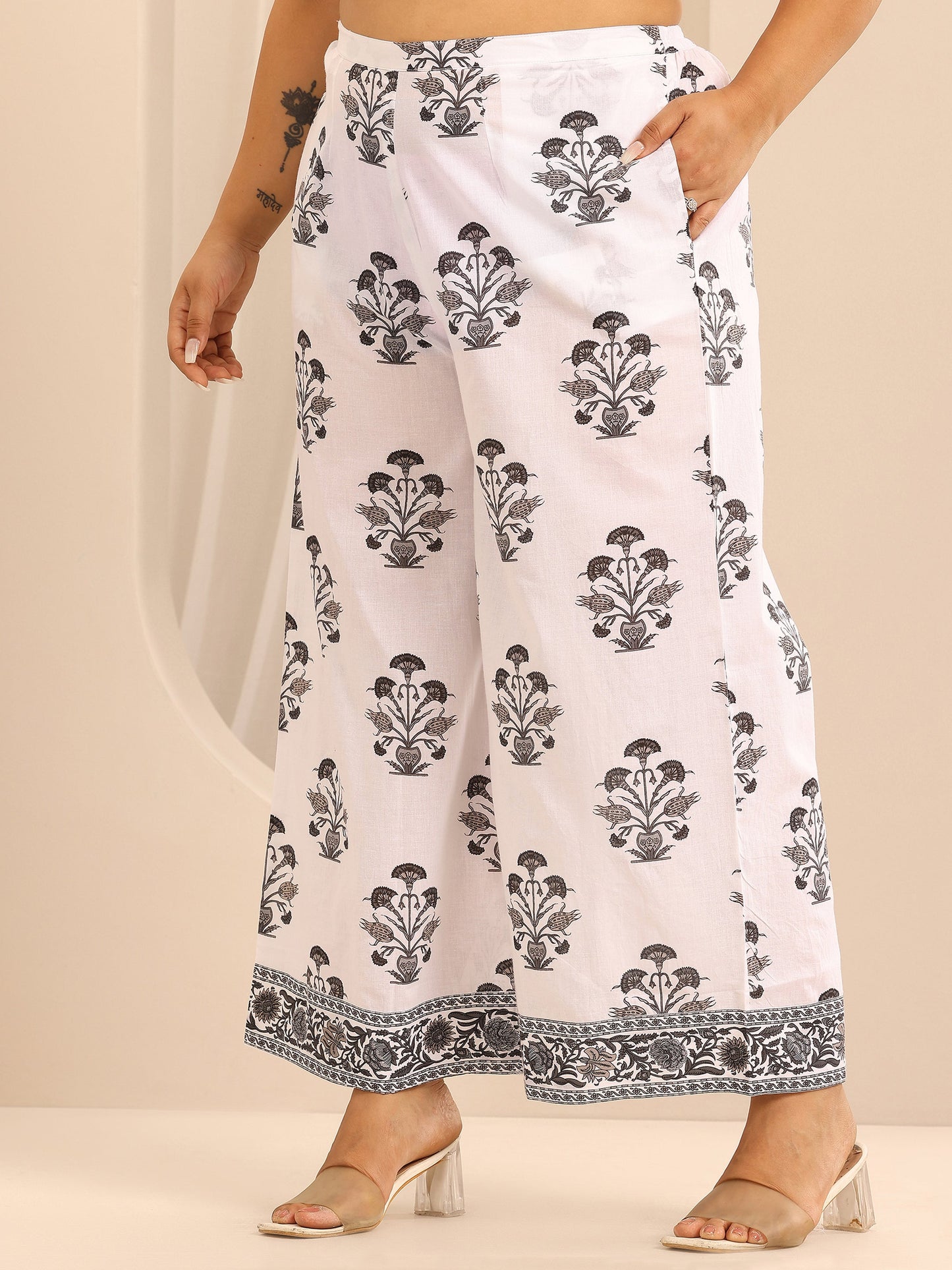 Plus Size White Printed Cotton Straight Suit Set With Dupatta