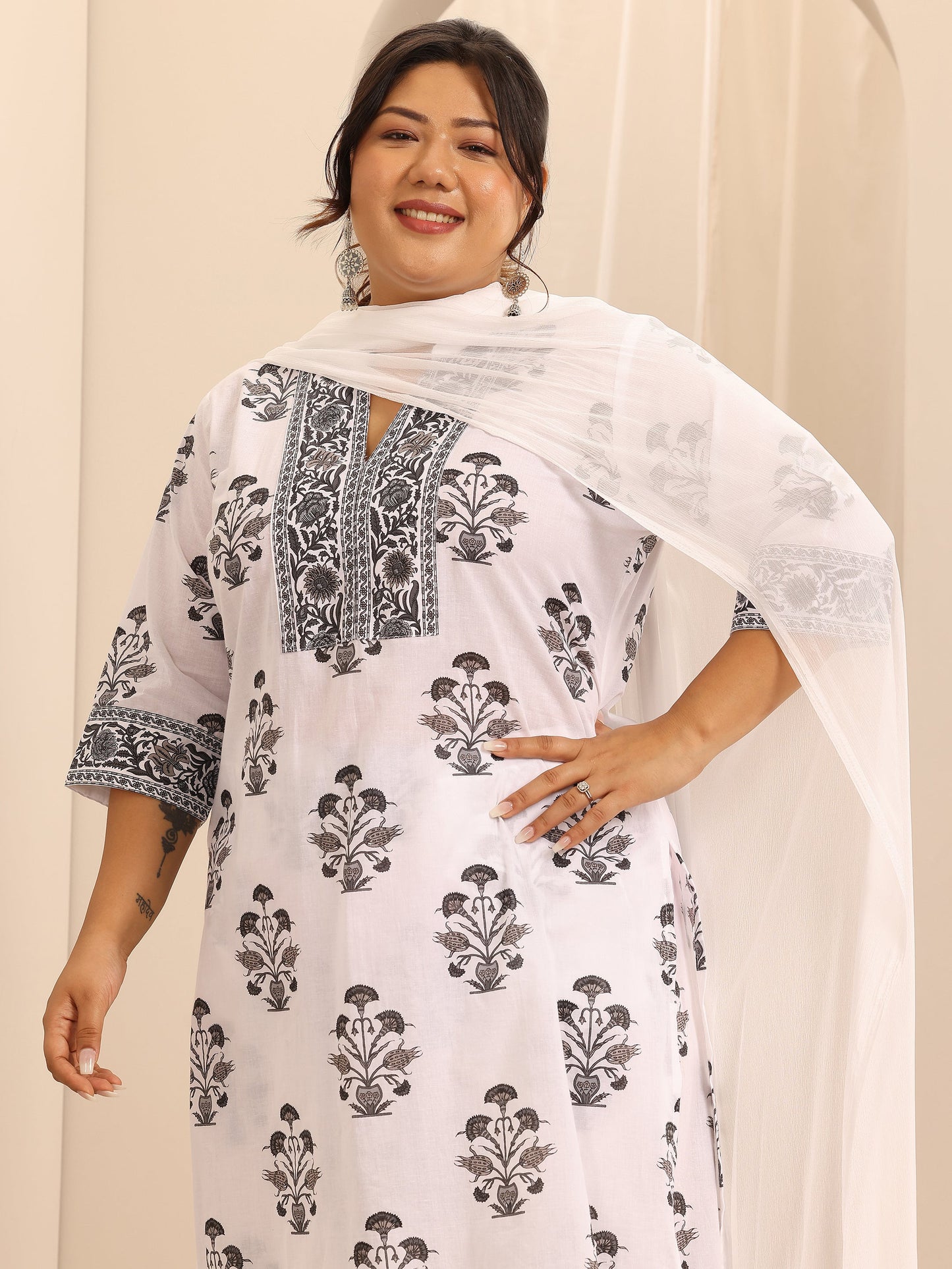 Plus Size White Printed Cotton Straight Suit Set With Dupatta