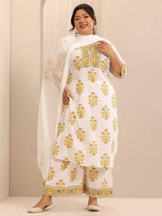 Plus Size White Printed Cotton Straight Suit Set With Dupatta