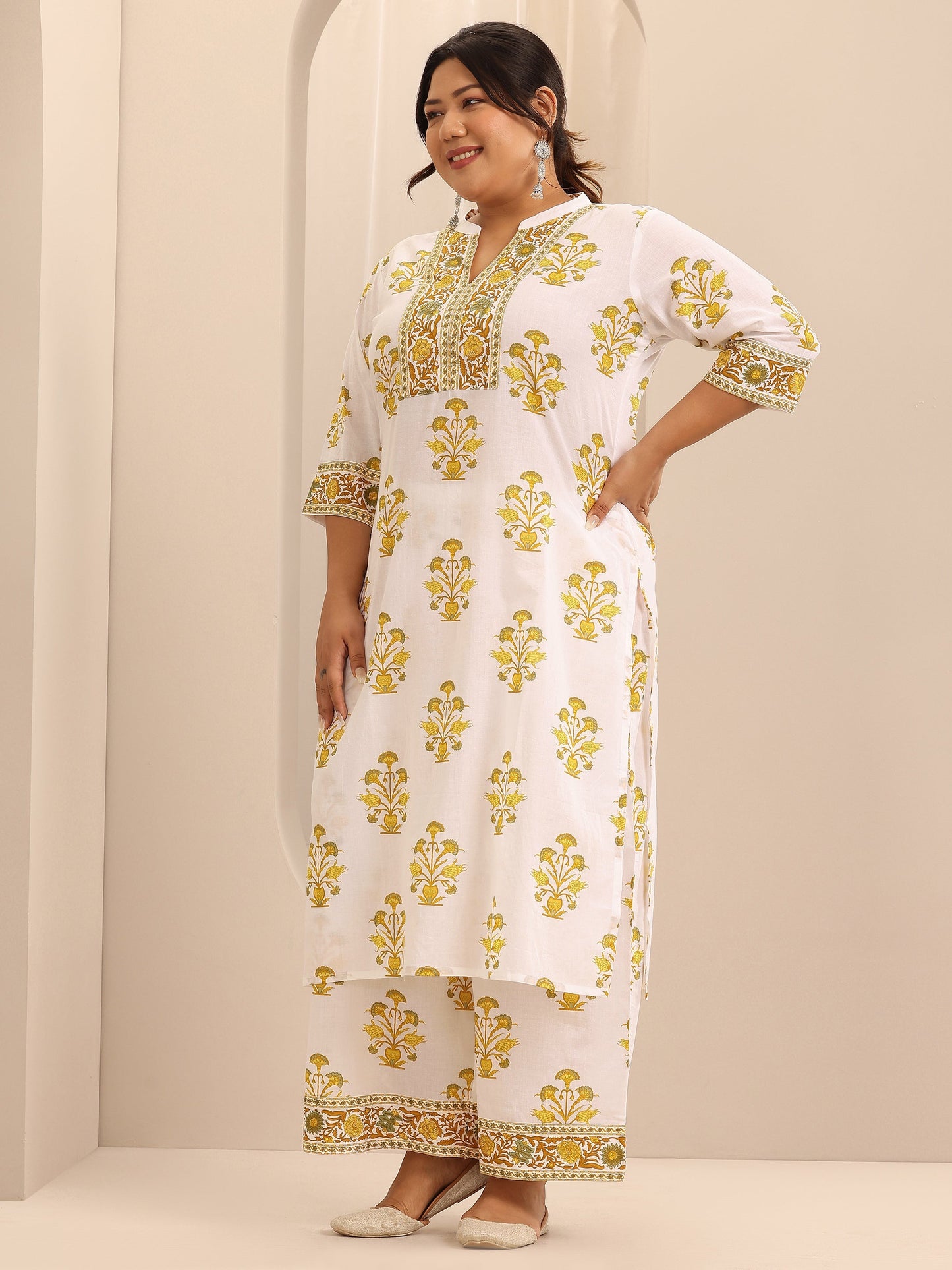 Plus Size White Printed Cotton Straight Suit Set With Dupatta