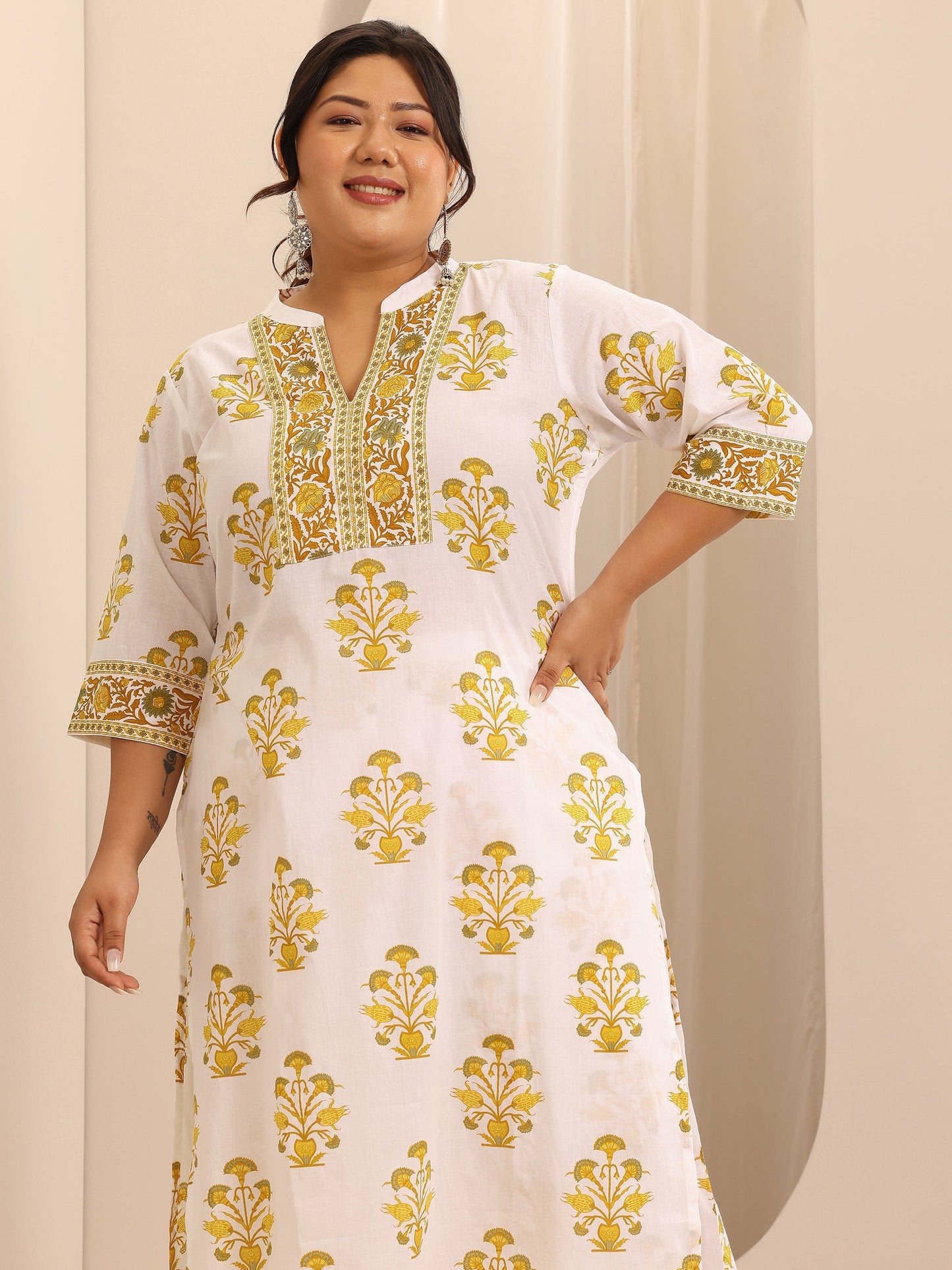 Plus Size White Printed Cotton Straight Suit Set With Dupatta
