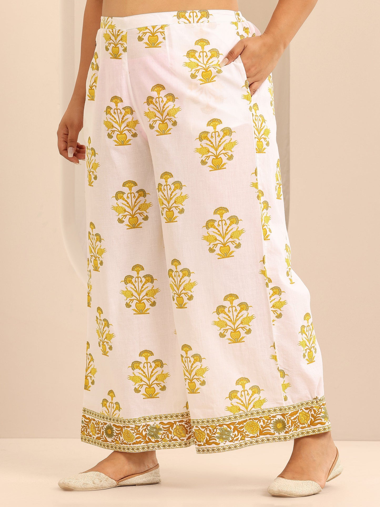 Plus Size White Printed Cotton Straight Suit Set With Dupatta