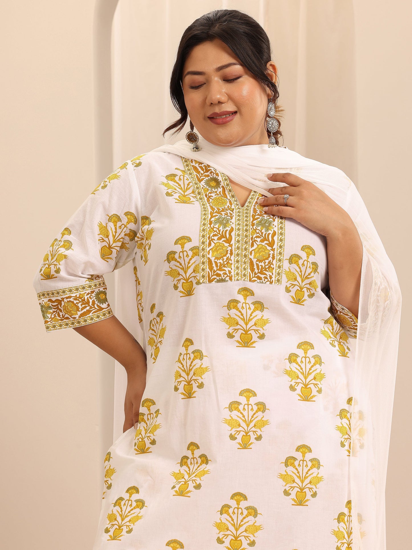 Plus Size White Printed Cotton Straight Suit Set With Dupatta