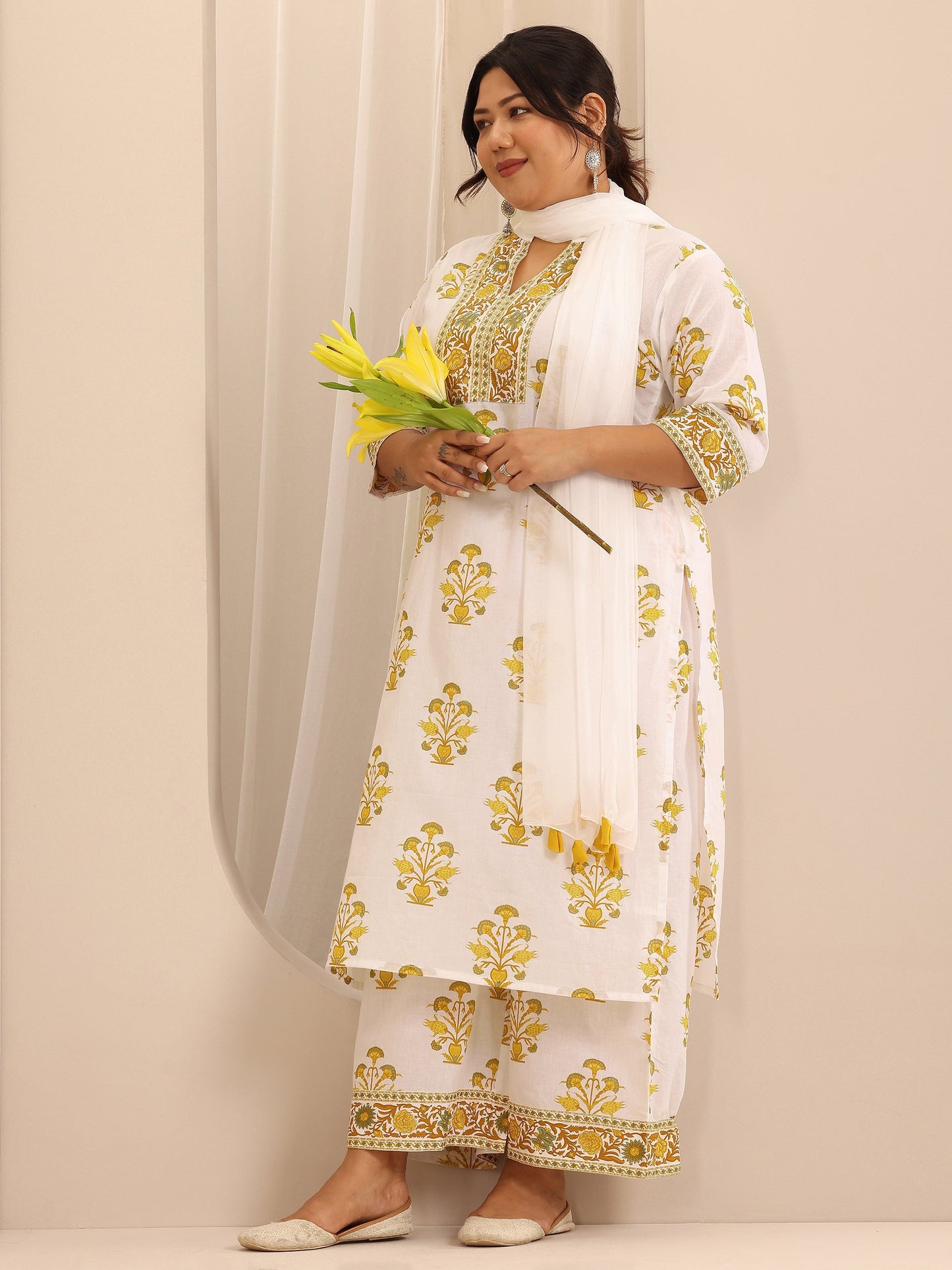 Plus Size White Printed Cotton Straight Suit Set With Dupatta