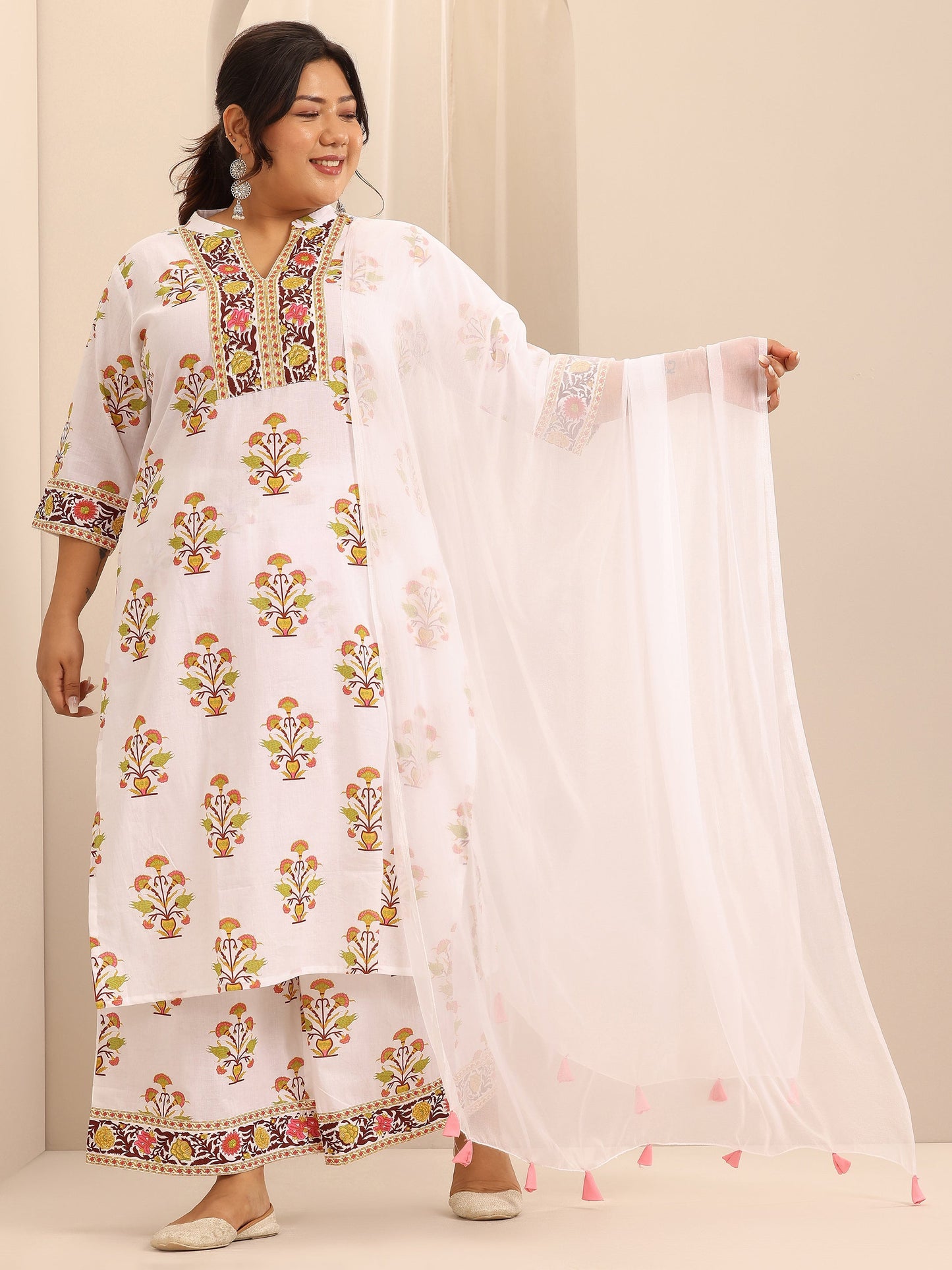 Plus Size White Printed Cotton A-Line Suit Set With Dupatta
