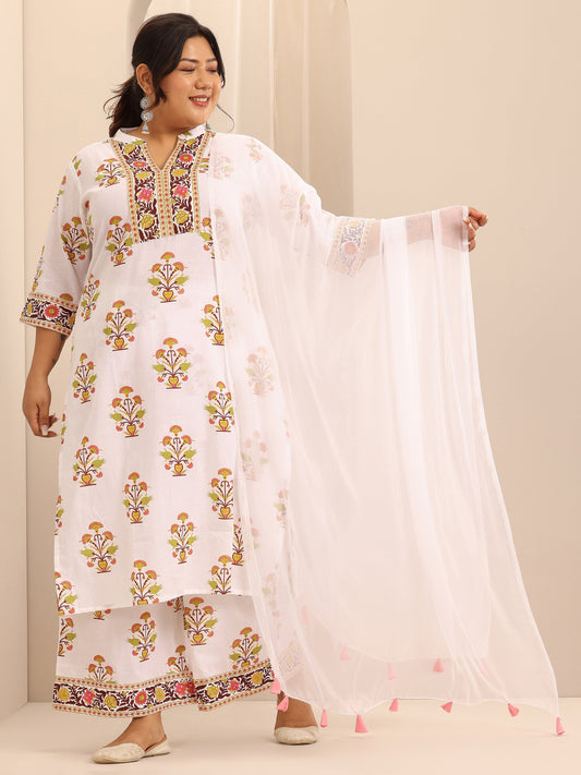 Plus Size White Printed Cotton A-Line Suit Set With Dupatta