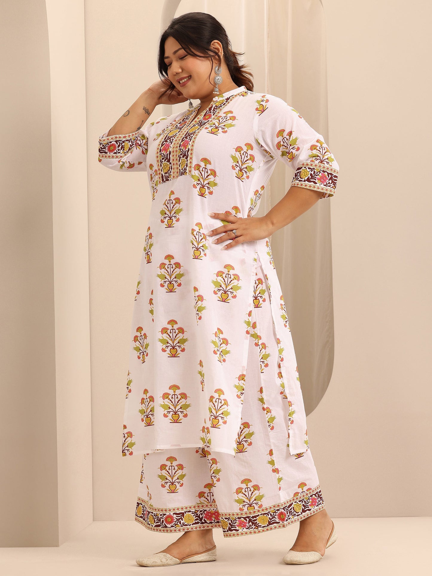 Plus Size White Printed Cotton A-Line Suit Set With Dupatta