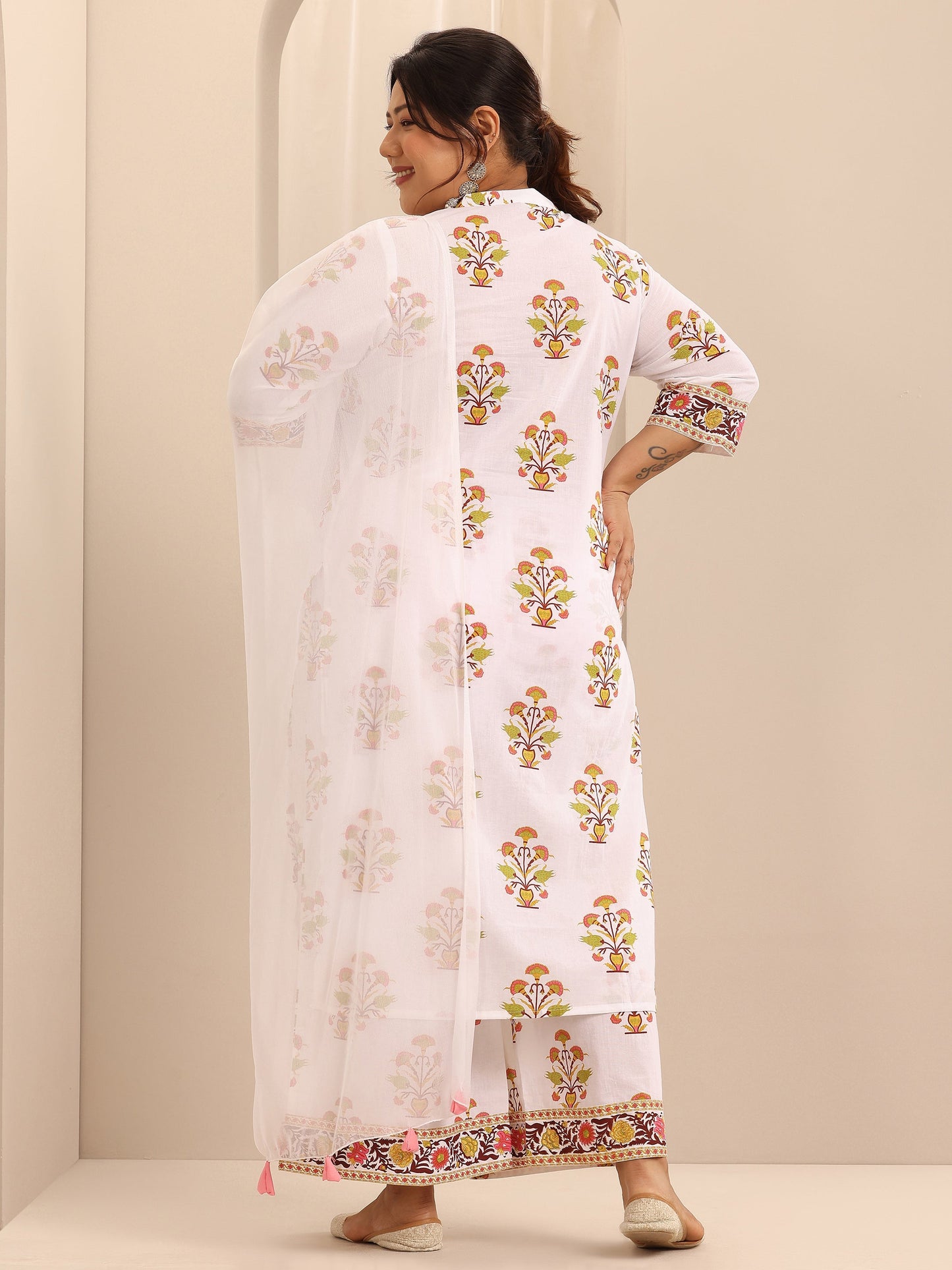 Plus Size White Printed Cotton A-Line Suit Set With Dupatta