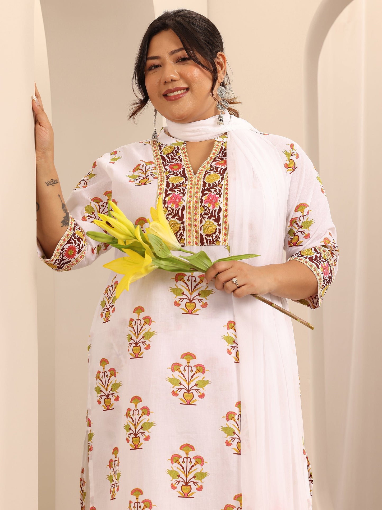 Plus Size White Printed Cotton A-Line Suit Set With Dupatta