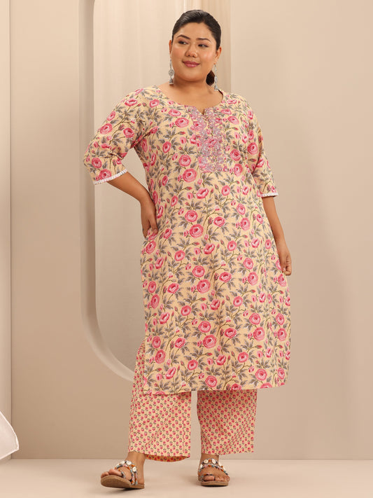 Plus Size Beige Printed Cotton Straight Kurta Set