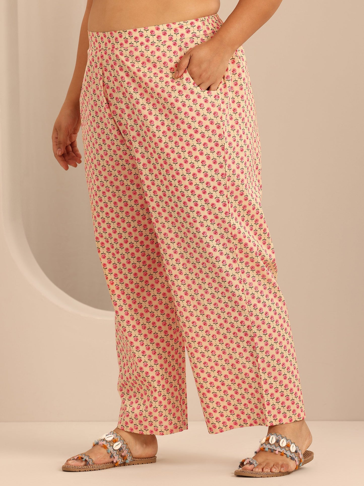 Plus Size Beige Printed Cotton Straight Kurta Set