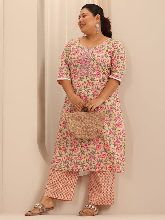 Plus Size Beige Printed Cotton Straight Kurta Set